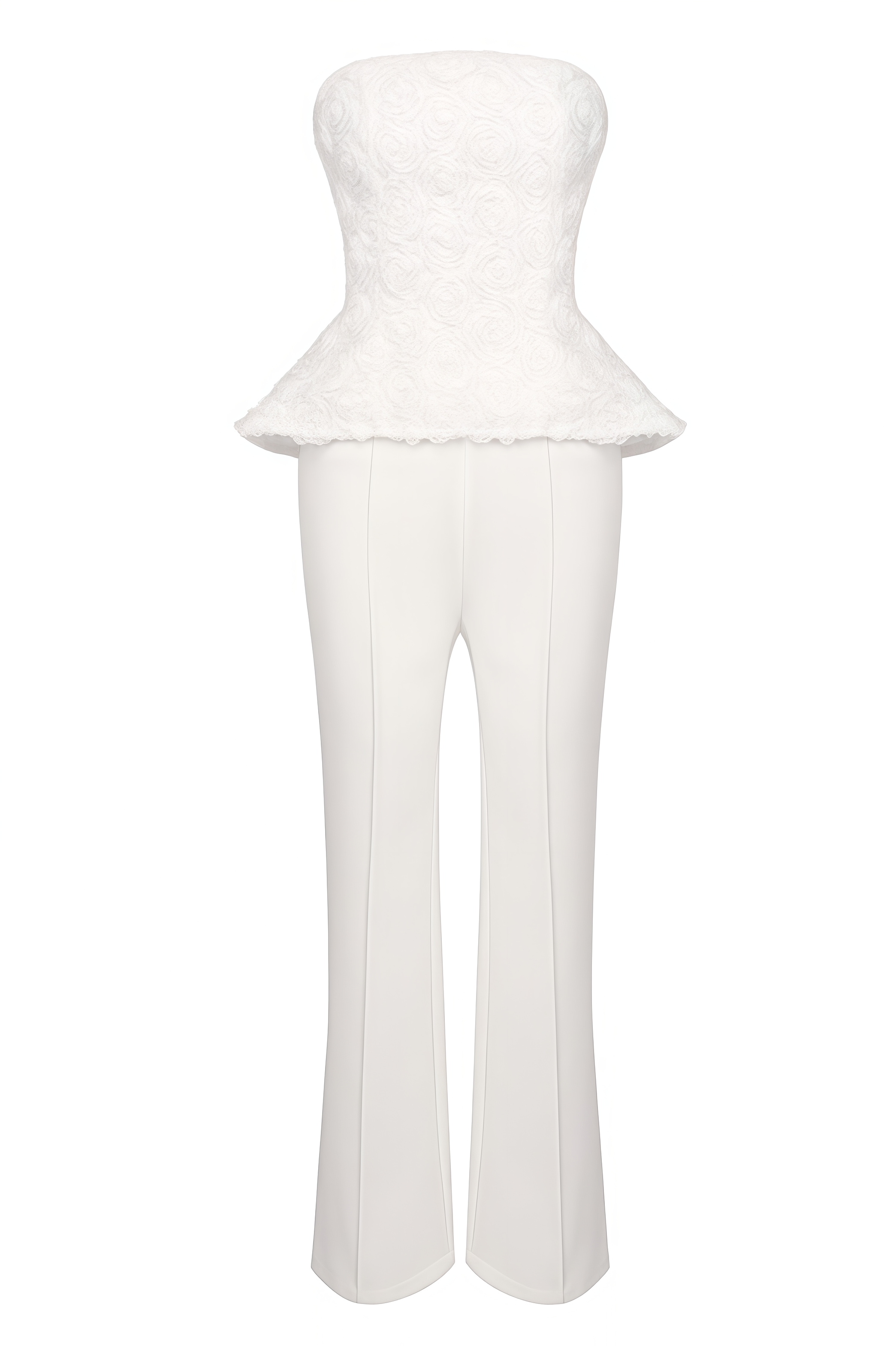 Cathia White Strapless 3D Floral Top Pants Set