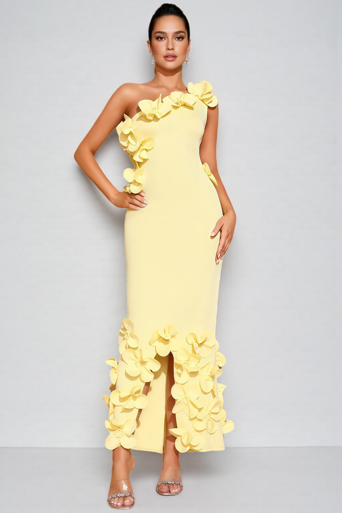 Zalia Yellow One-Shoulder 3D Floral Maxi Dress
