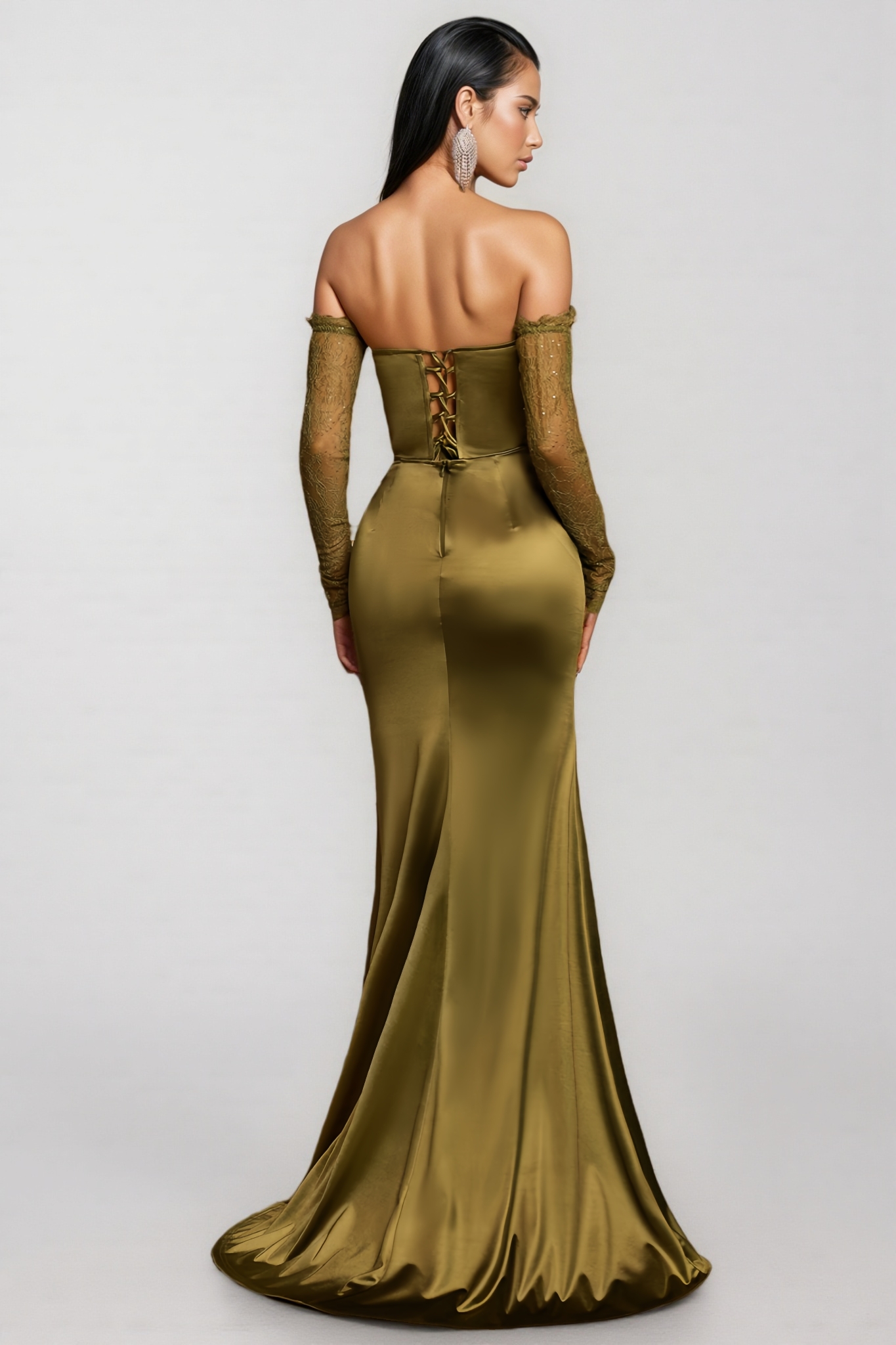 Dtaviy Green Strapless Lace Satin Maxi Dress