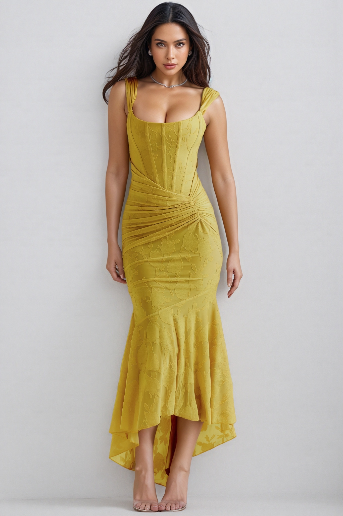 Kit Yellow Ruched Fishtail Maxi Dress