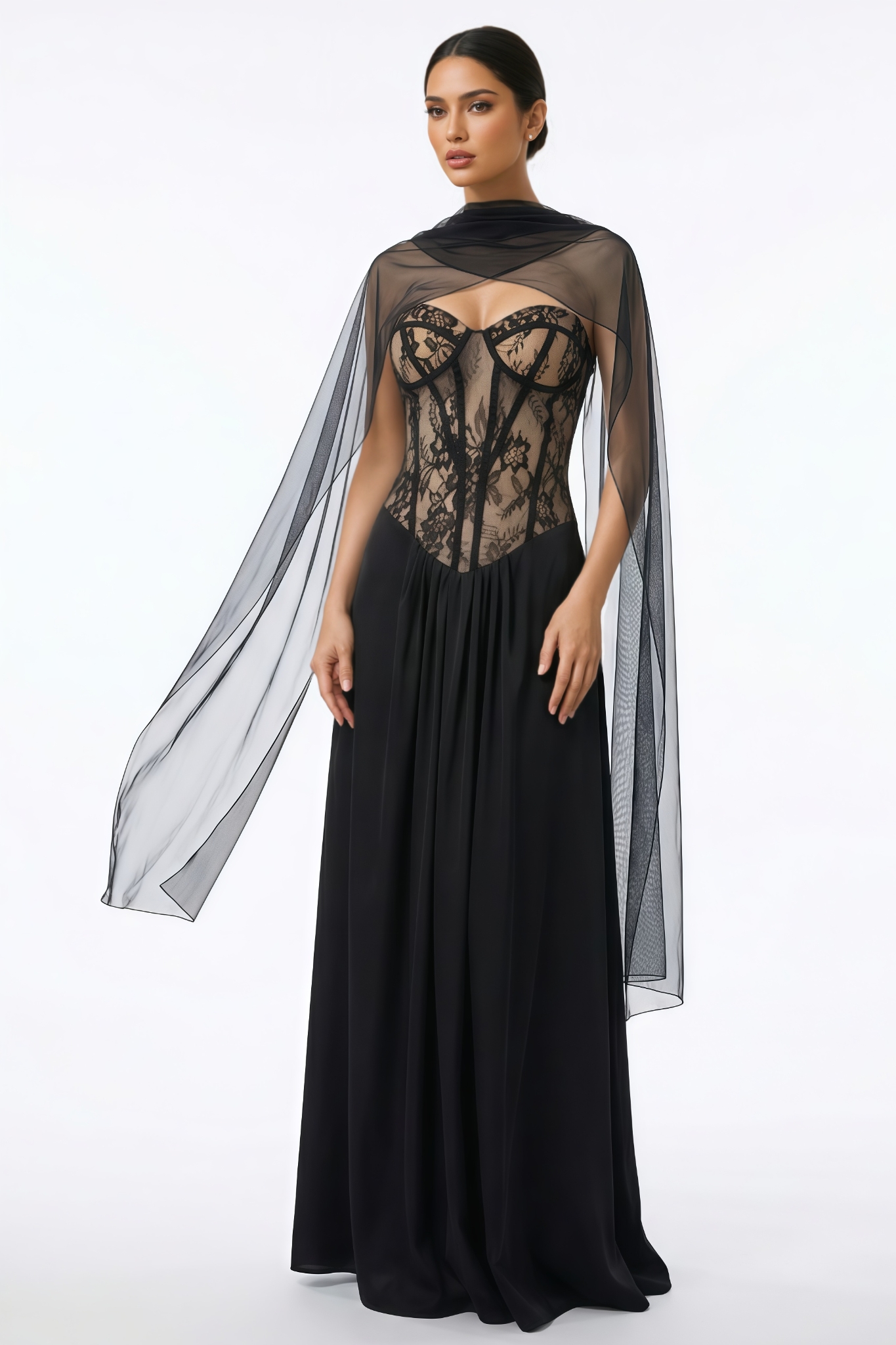 Vyony Black Lace Tulle Shawl Maxi Dress