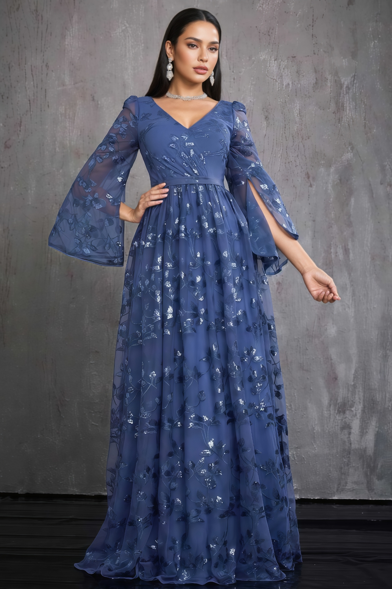 Verisrd Blue Sequined Long Sleeve Maxi Dress