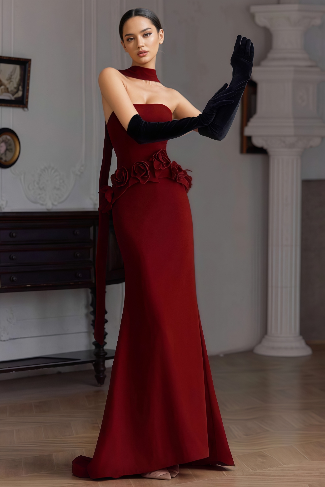 Tania Red 3D Floral Fishtail Maxi Dress