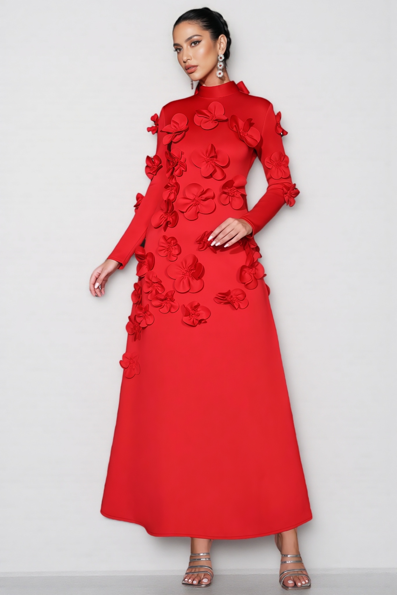 Yamaly Red 3D Floral Maxi Dress