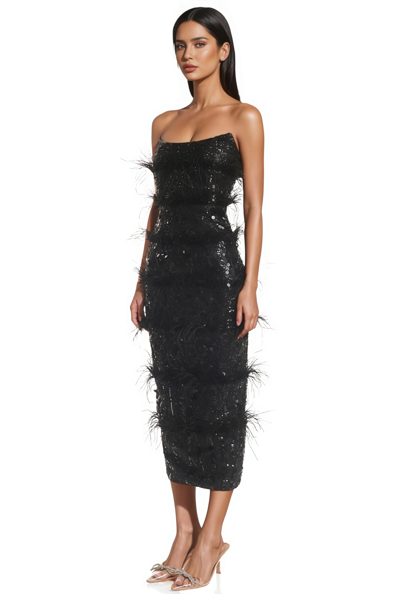 Alreem Sequined Off Shoulder Feather Midi Dress