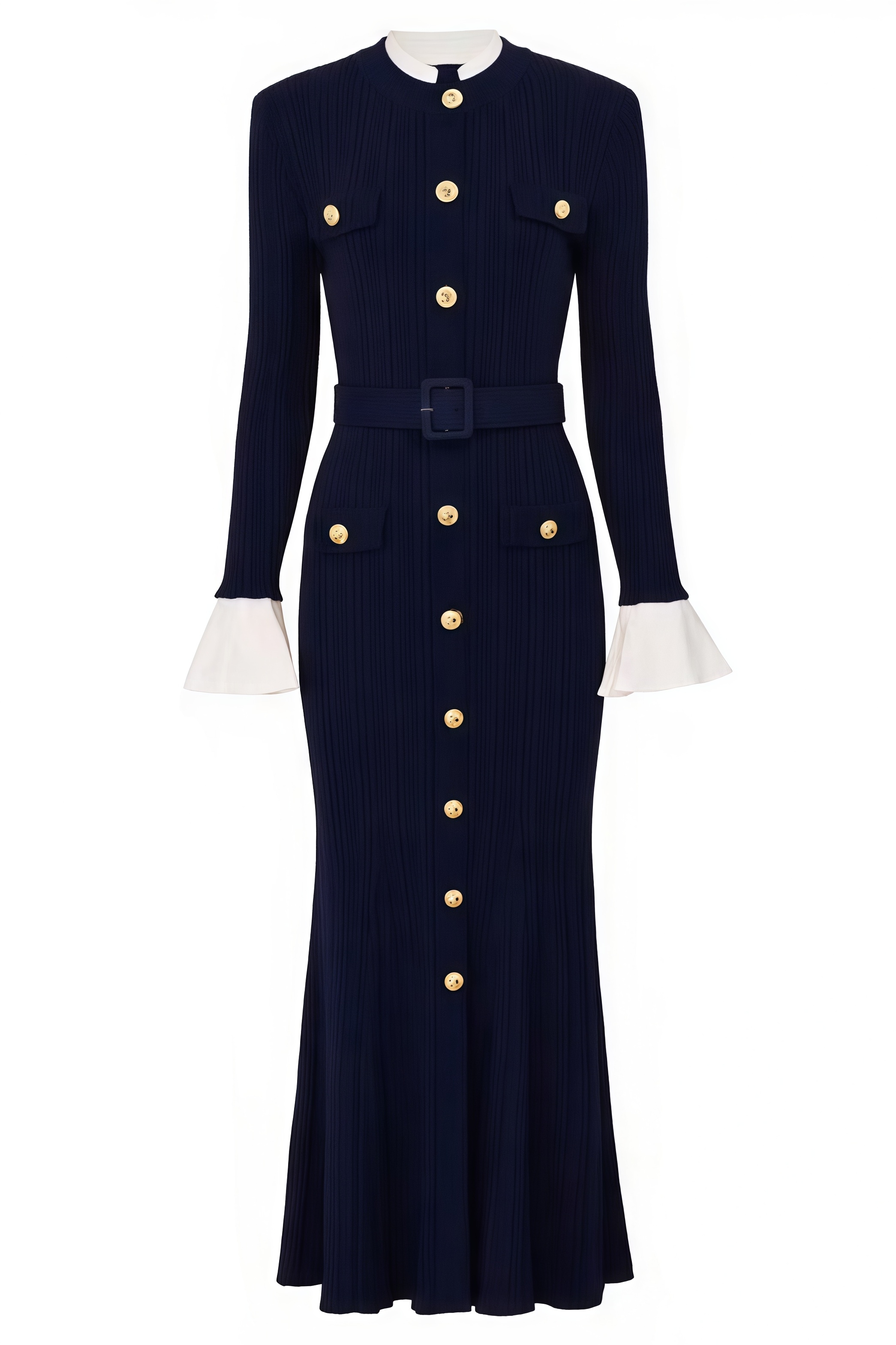 Nader Blue Long Sleeve Crew Neck Knit Midi Dress