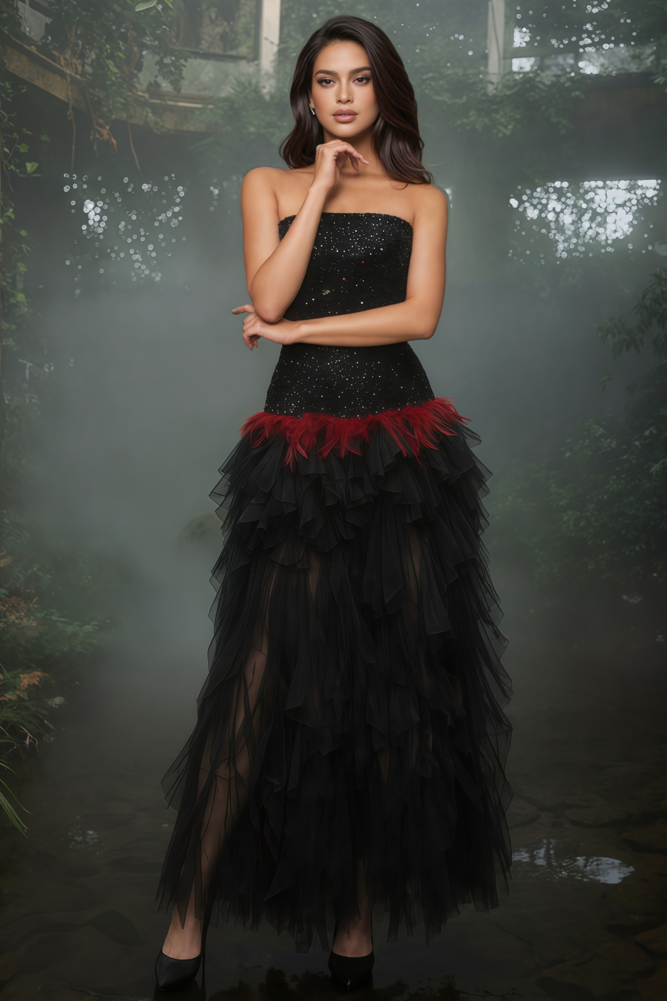 Rithed Black Sequin Strapless Mesh Maxi Dress