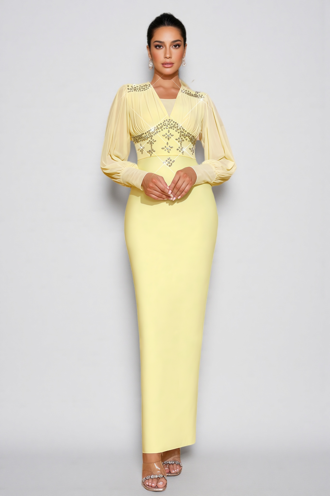 Euopa Yellow Rhinestone Maxi Dress