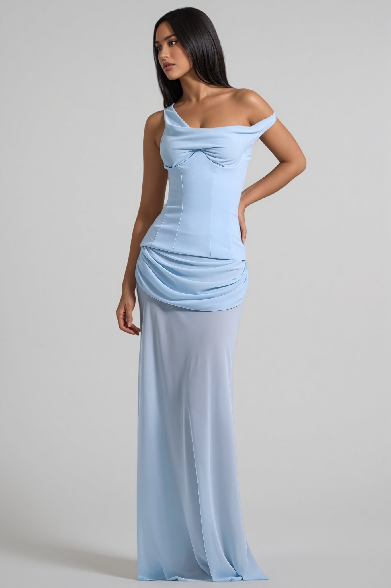 Lzada Blue Off Shoulder Waist Cinched Maxi Dress