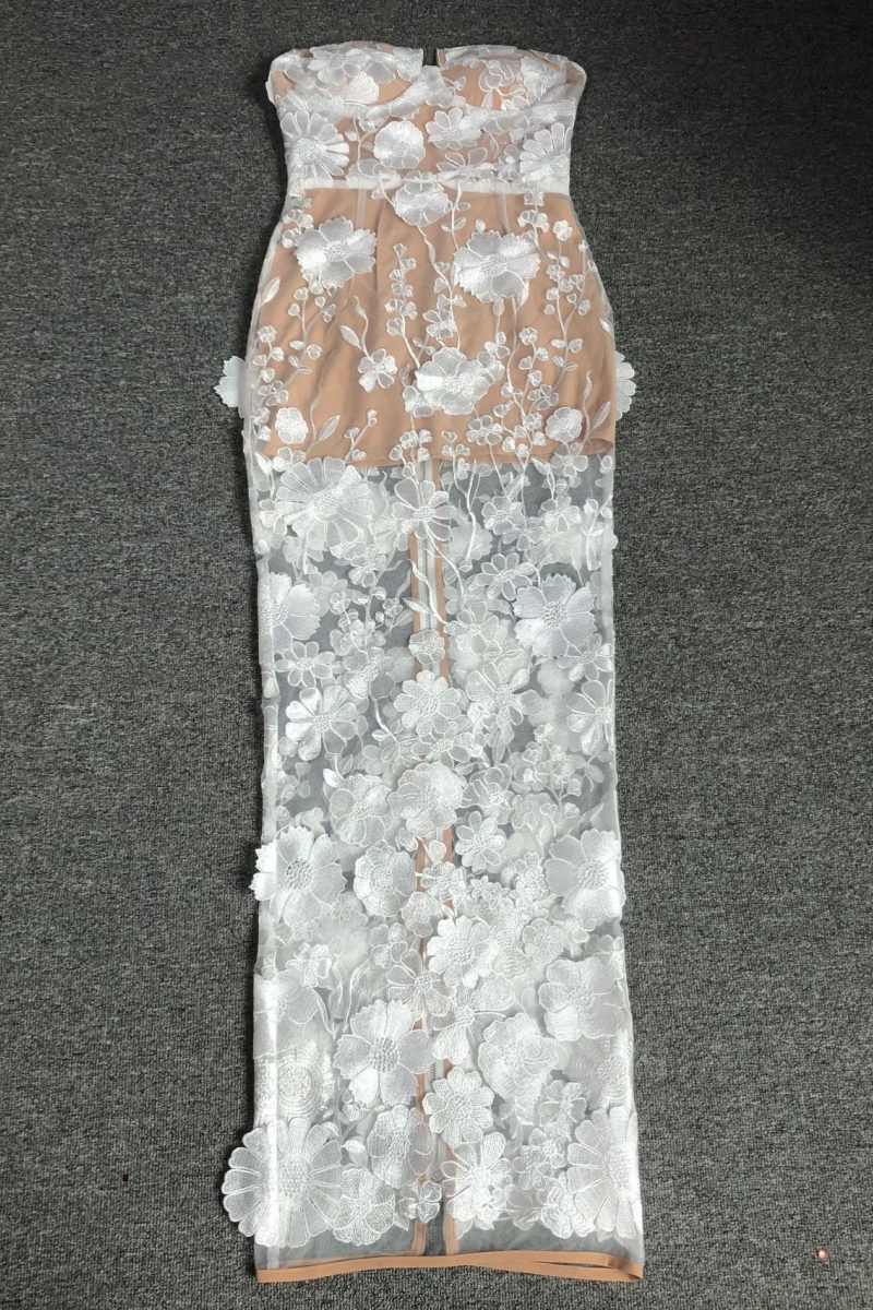 Kendall White Strapless 3D Flower Maxi Dress