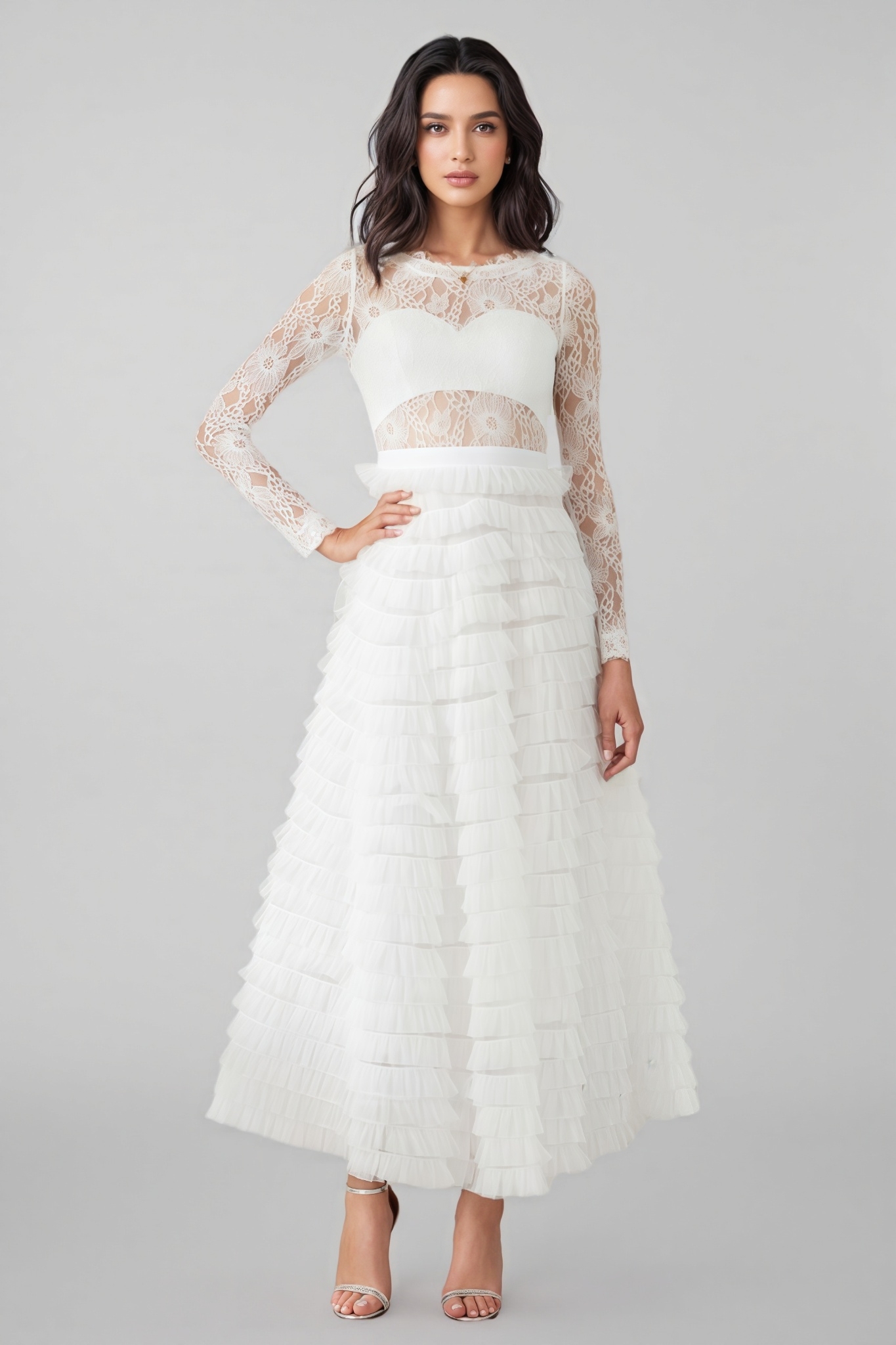 Yuio White Hollow Lace A-line Maxi Dress