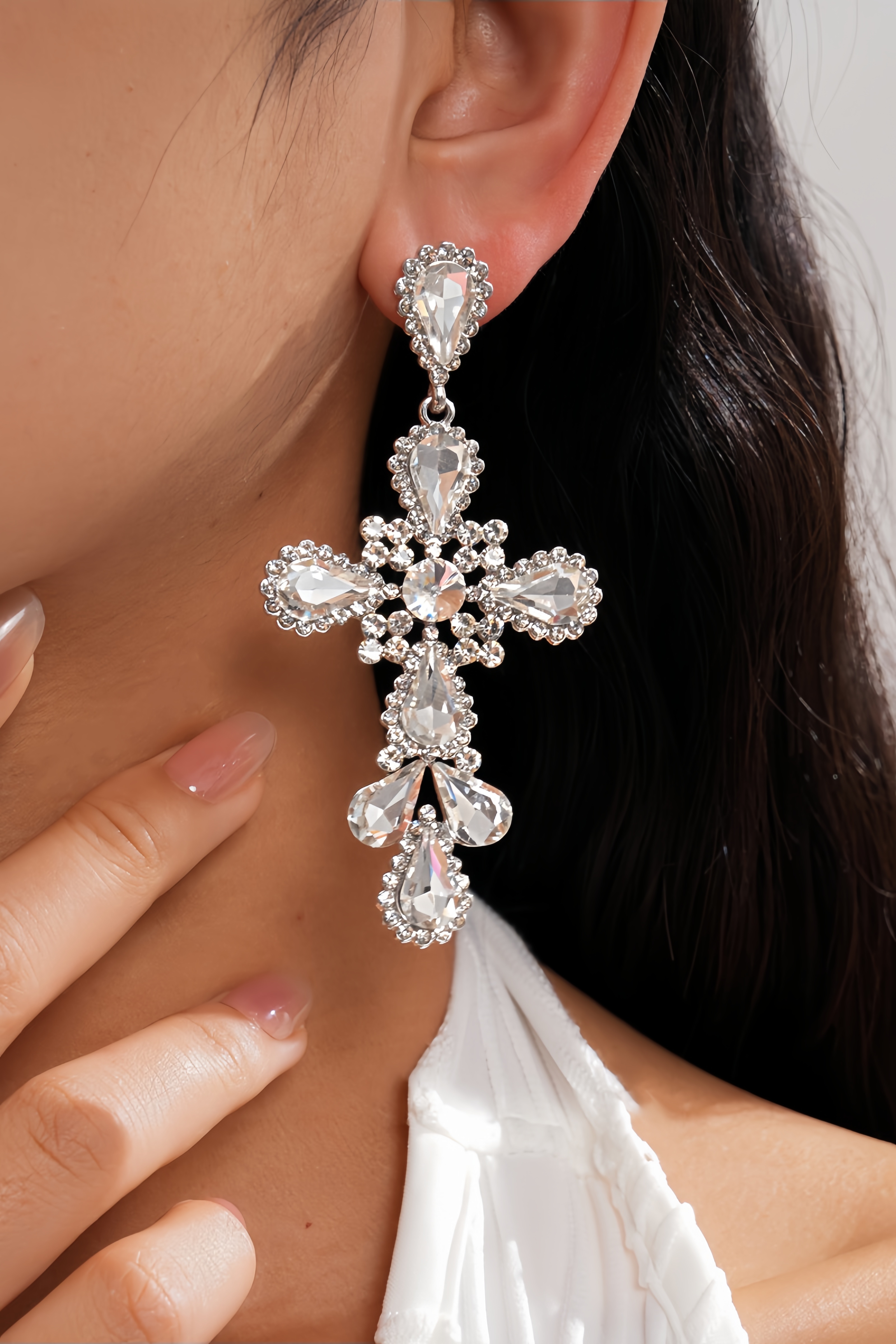 Eltlan Silvery Diamond Studded Teardrop Cross Earrings