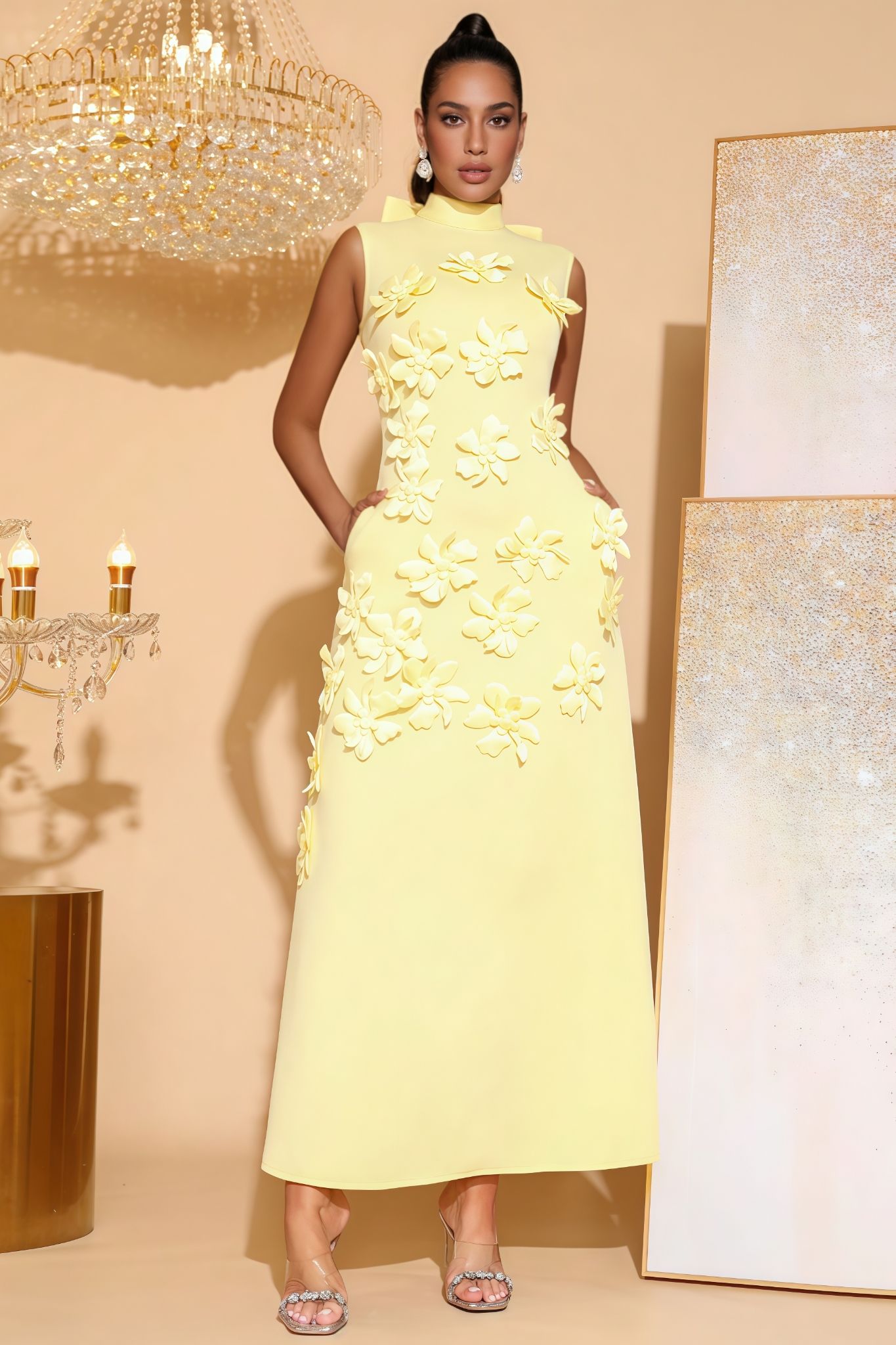 Bralen Sleeveless Yellow 3D Floral Maxi Dress