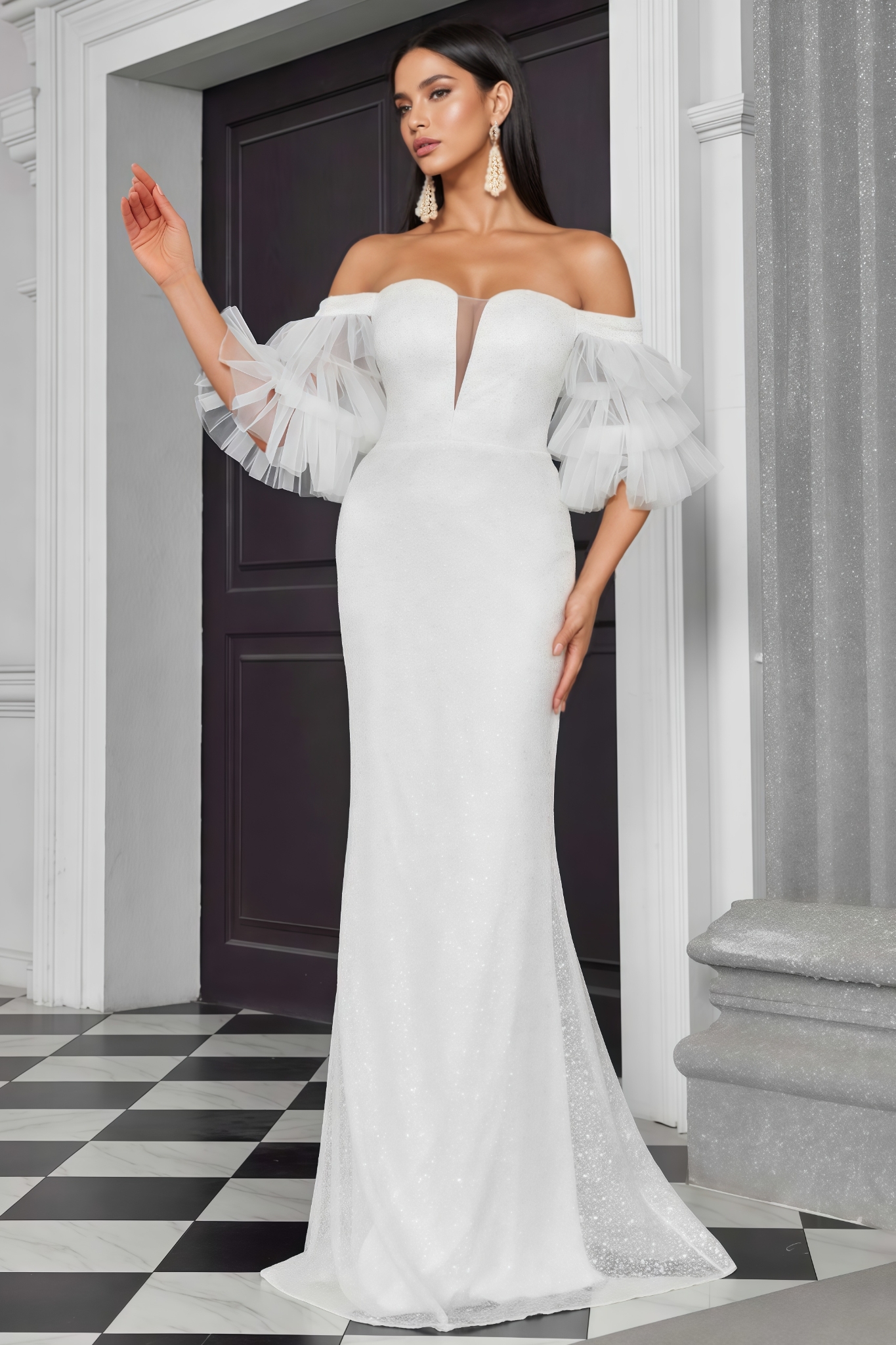 Tyrzsd White Mermaid Tulle Sleeve Maxi Dress
