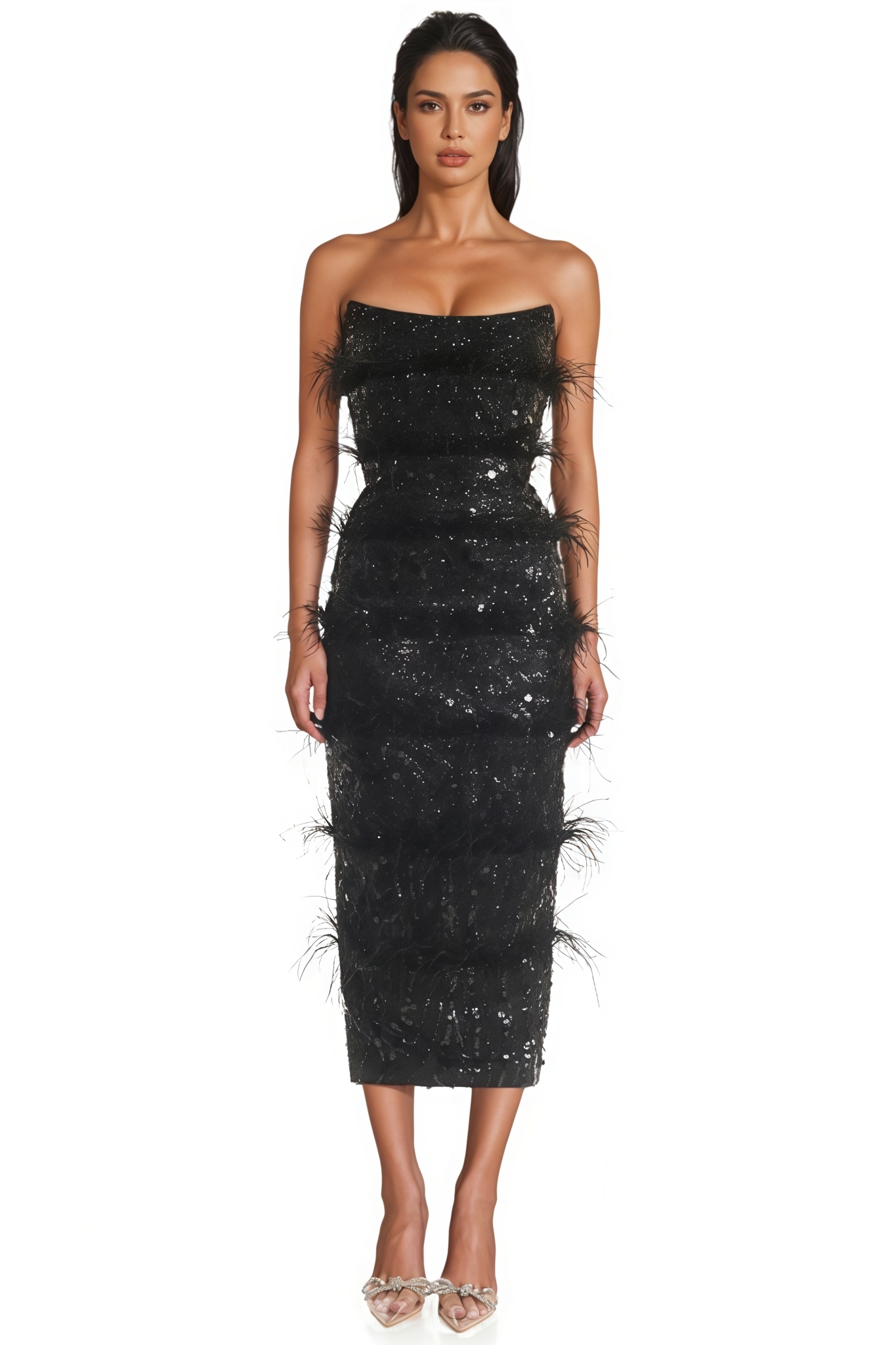 Alreem Sequined Off Shoulder Feather Midi Dress