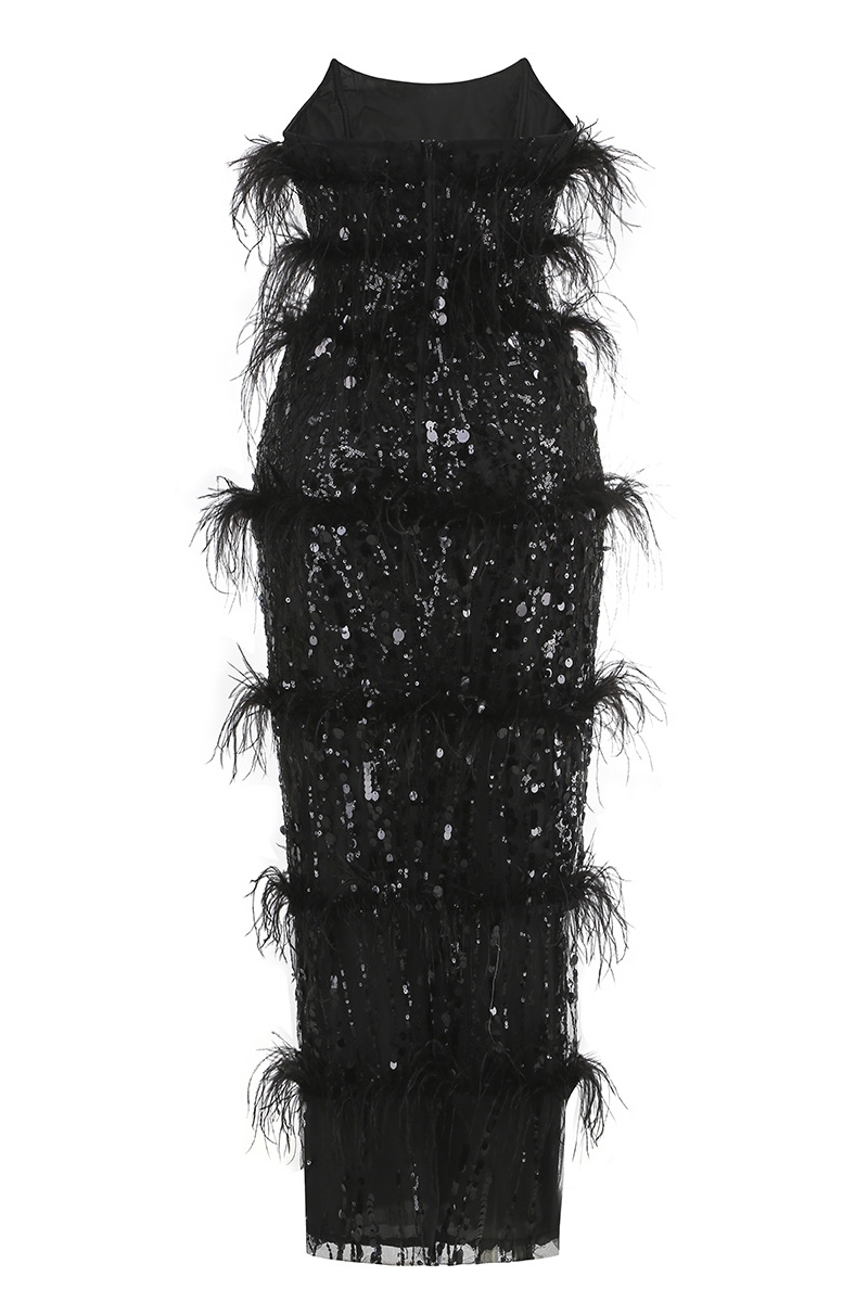 Alreem Sequined Off Shoulder Feather Midi Dress