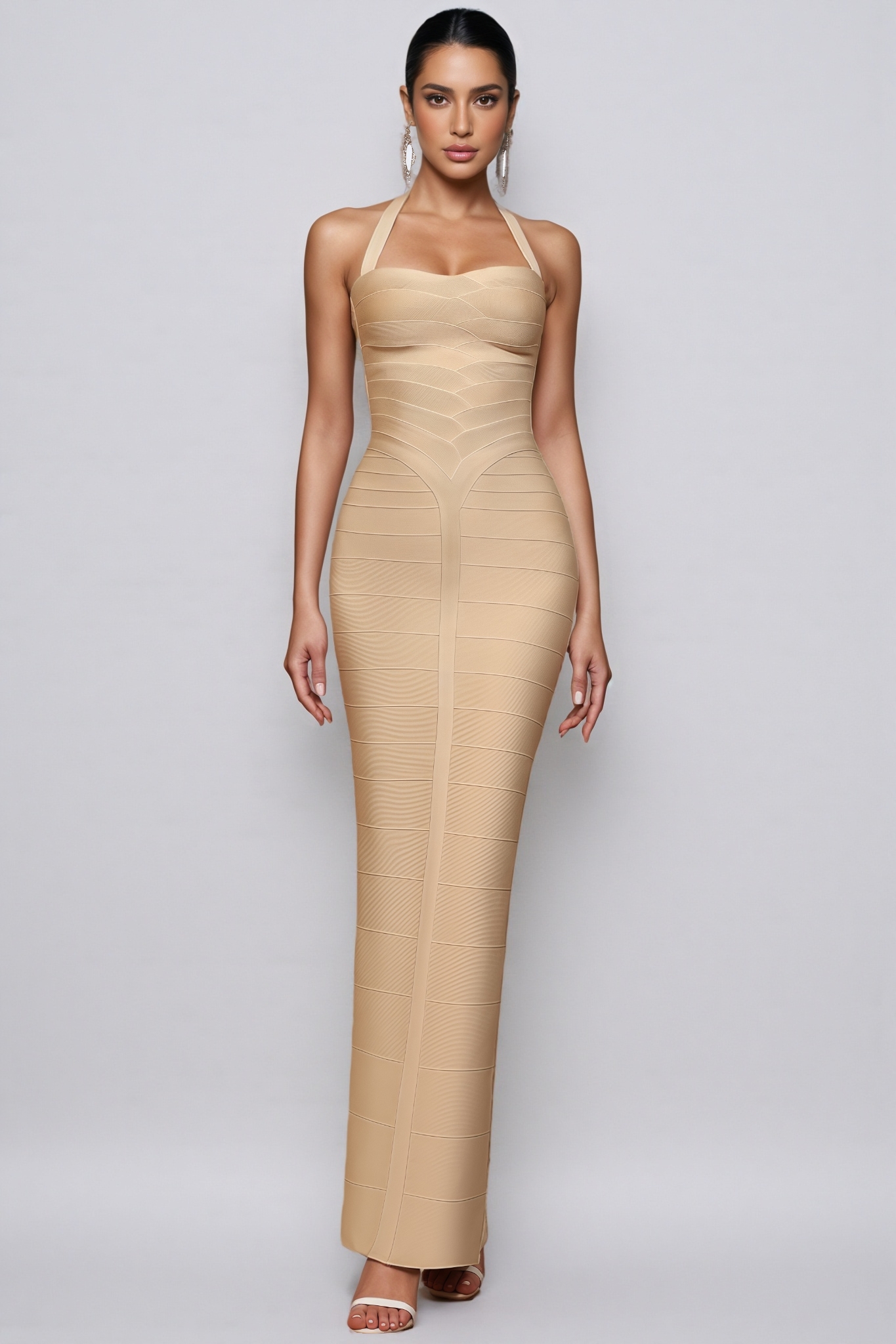 Flaly Beige Halter Bandage Maxi Dress