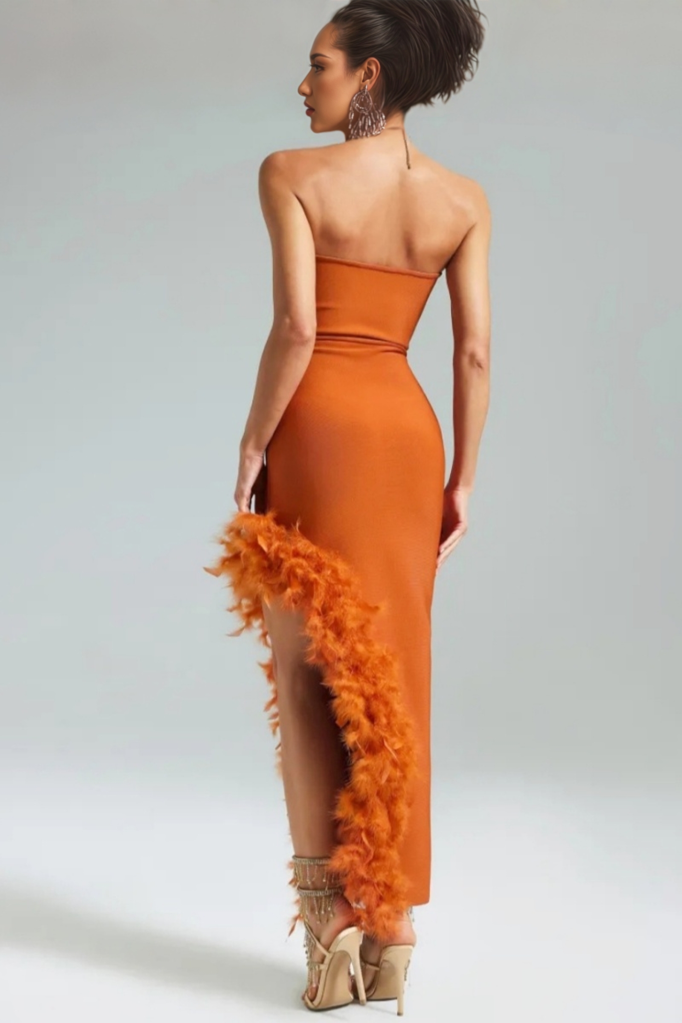 Yeli Feather Slant Hem Bandage Maxi Dress