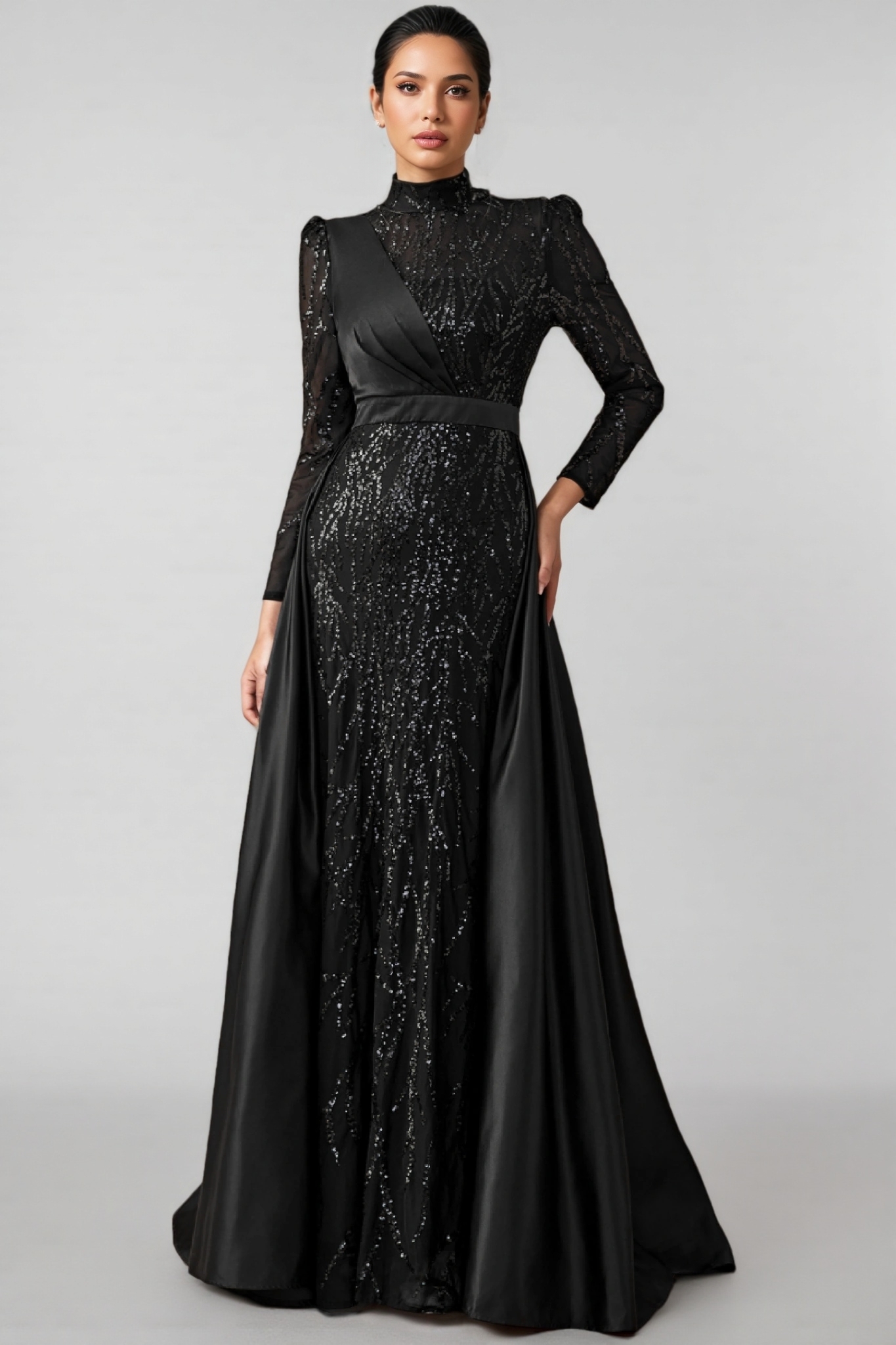 Moto Sequin Satin Long-sleeved Cape Gown