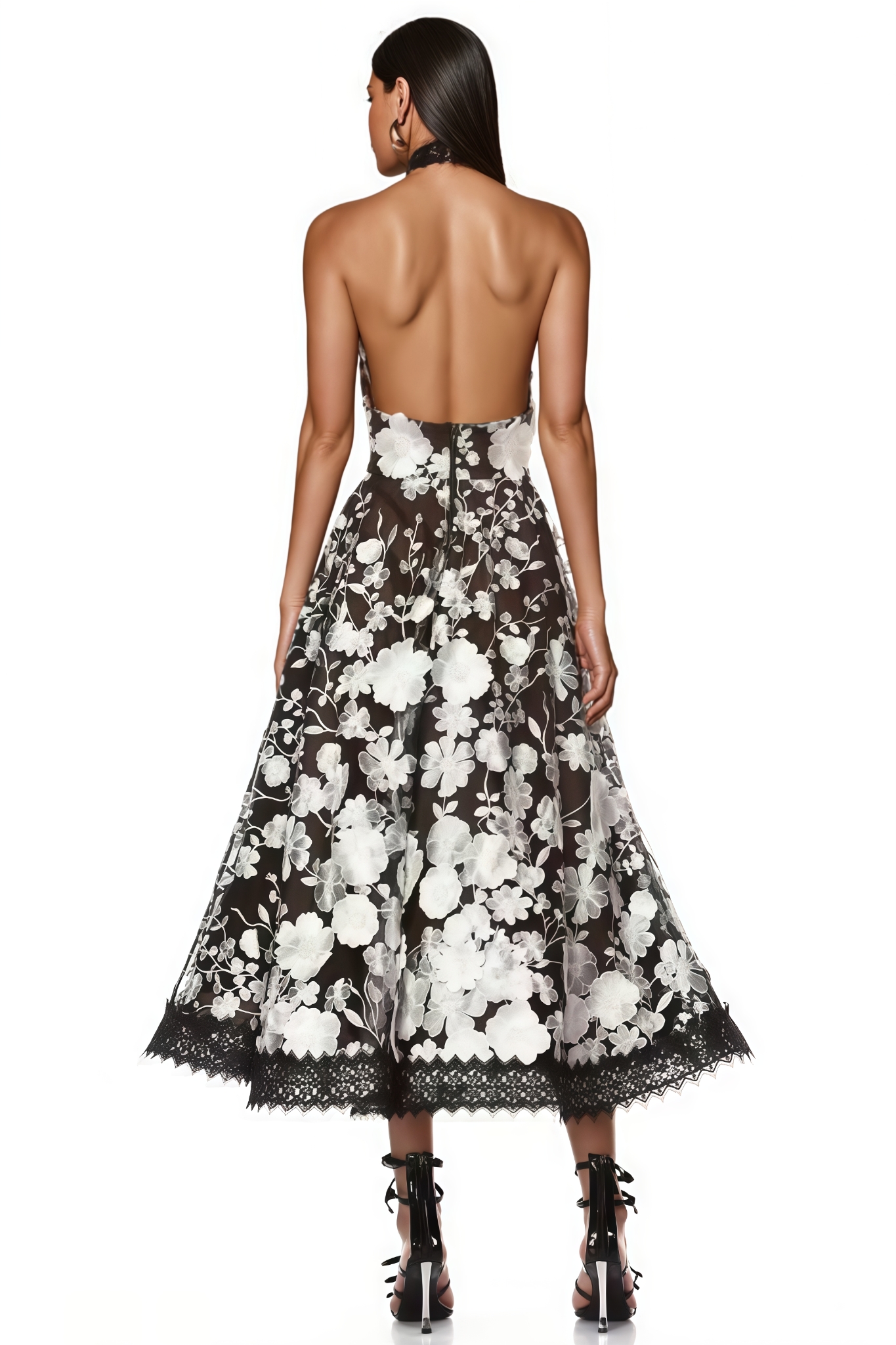 Noricd Black 3D Floral Open Back Maxi Dress