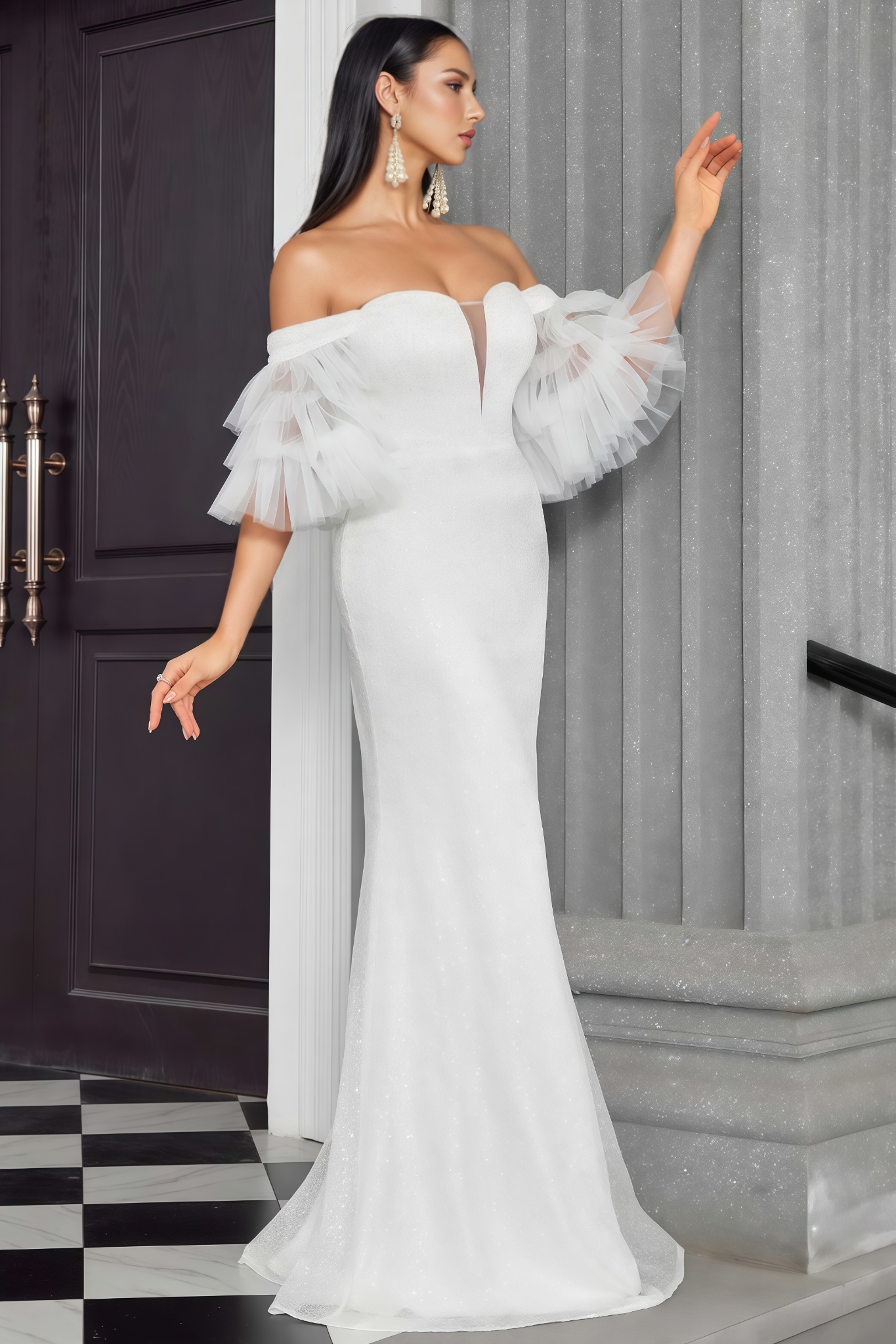 Tyrzsd White Mermaid Tulle Sleeve Maxi Dress