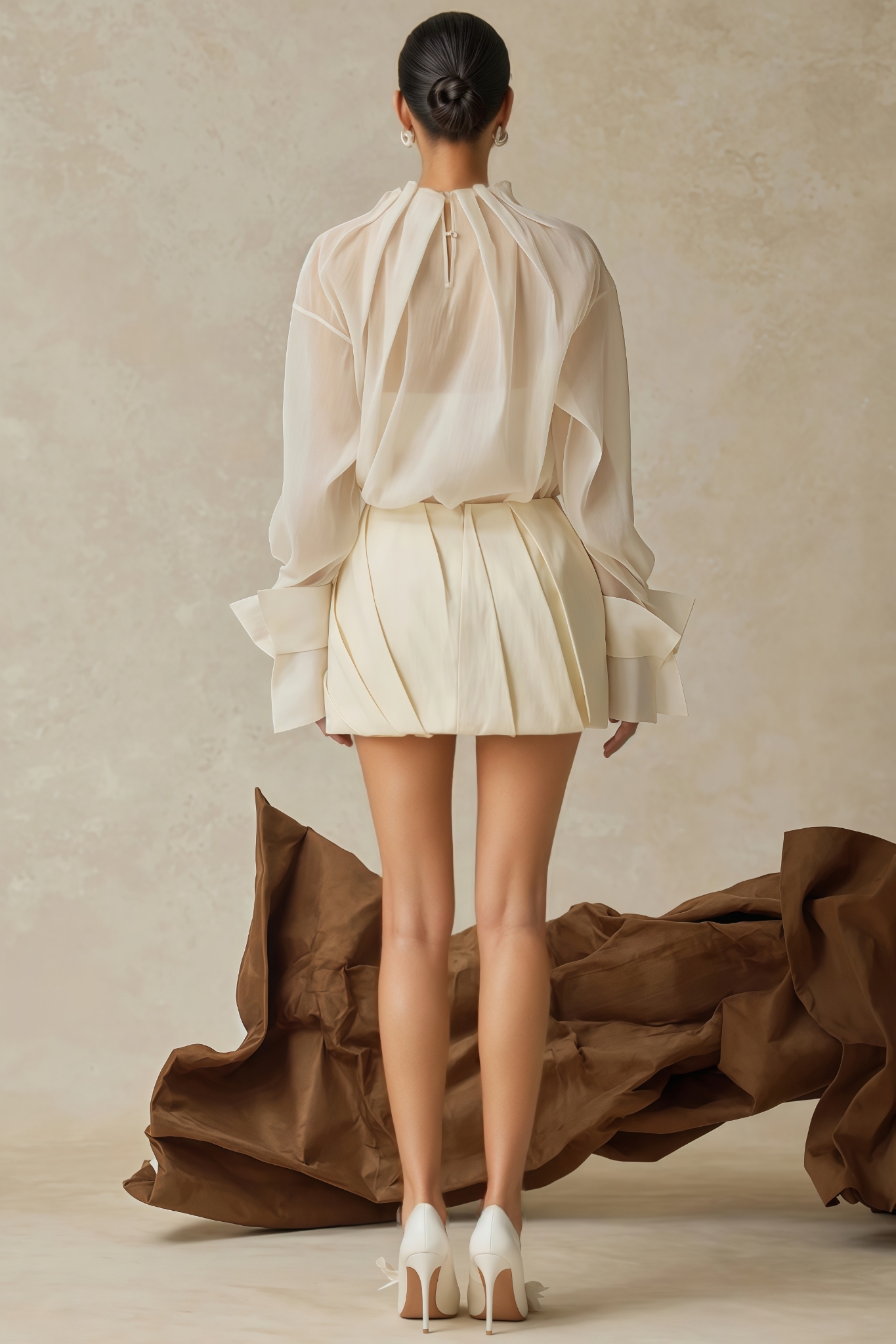 Dessa Beige Long Sleeve Pleated Mini Dress Set