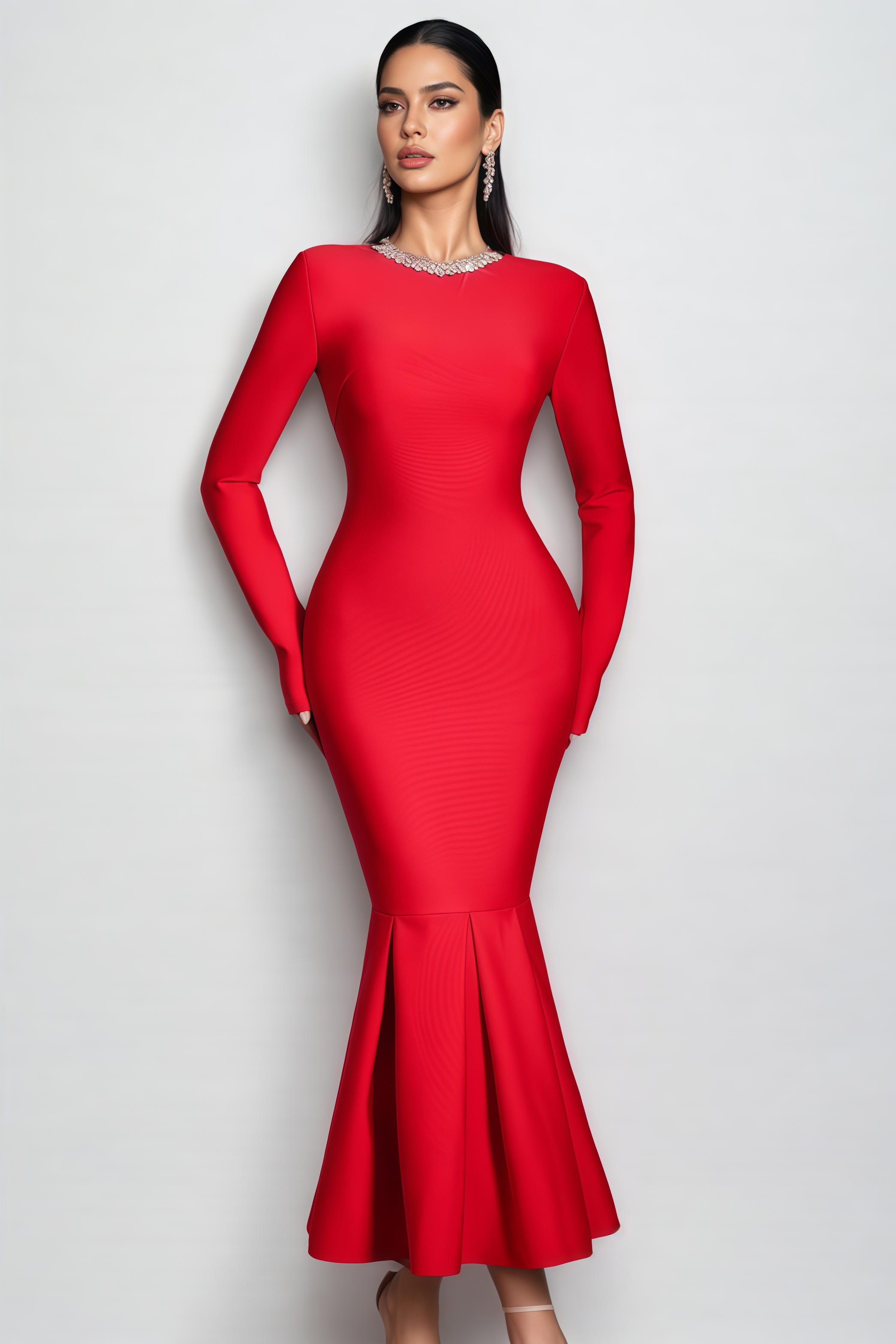 Idony Red Rhinestone Bandage Fishtail Maxi Dress
