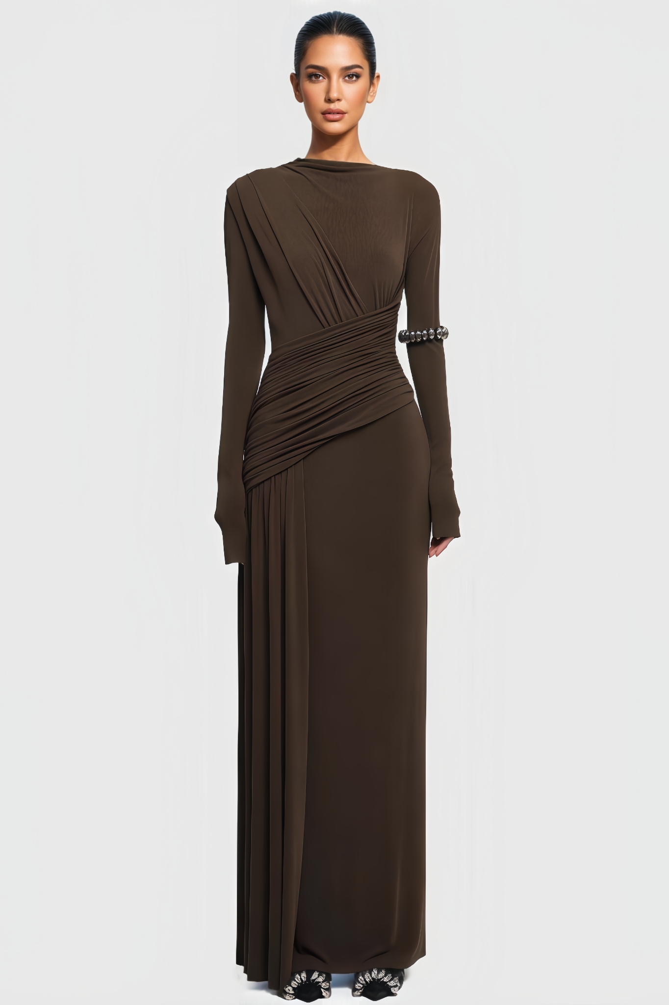 Fionnlagh Brown Long Sleeve Pleated Maxi Dress