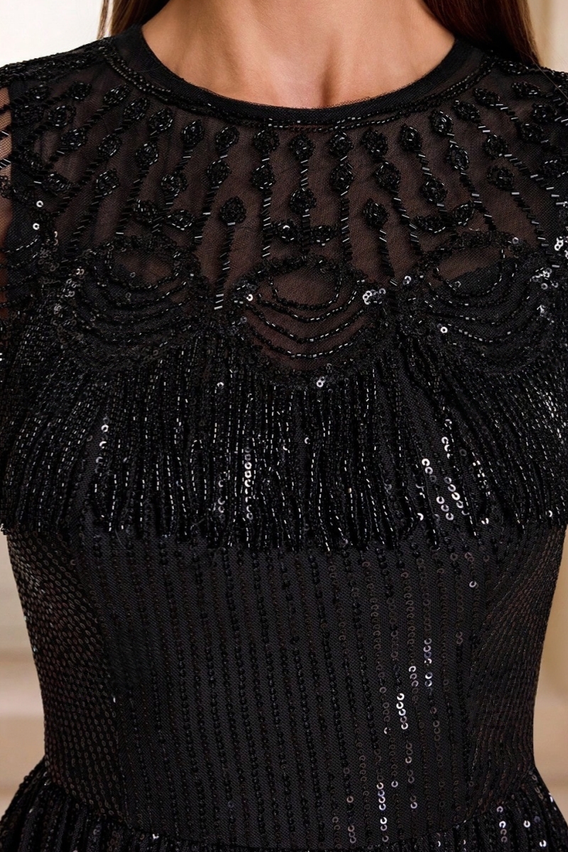 Fernanda Black Short Sleeve Fringe Maxi Dress