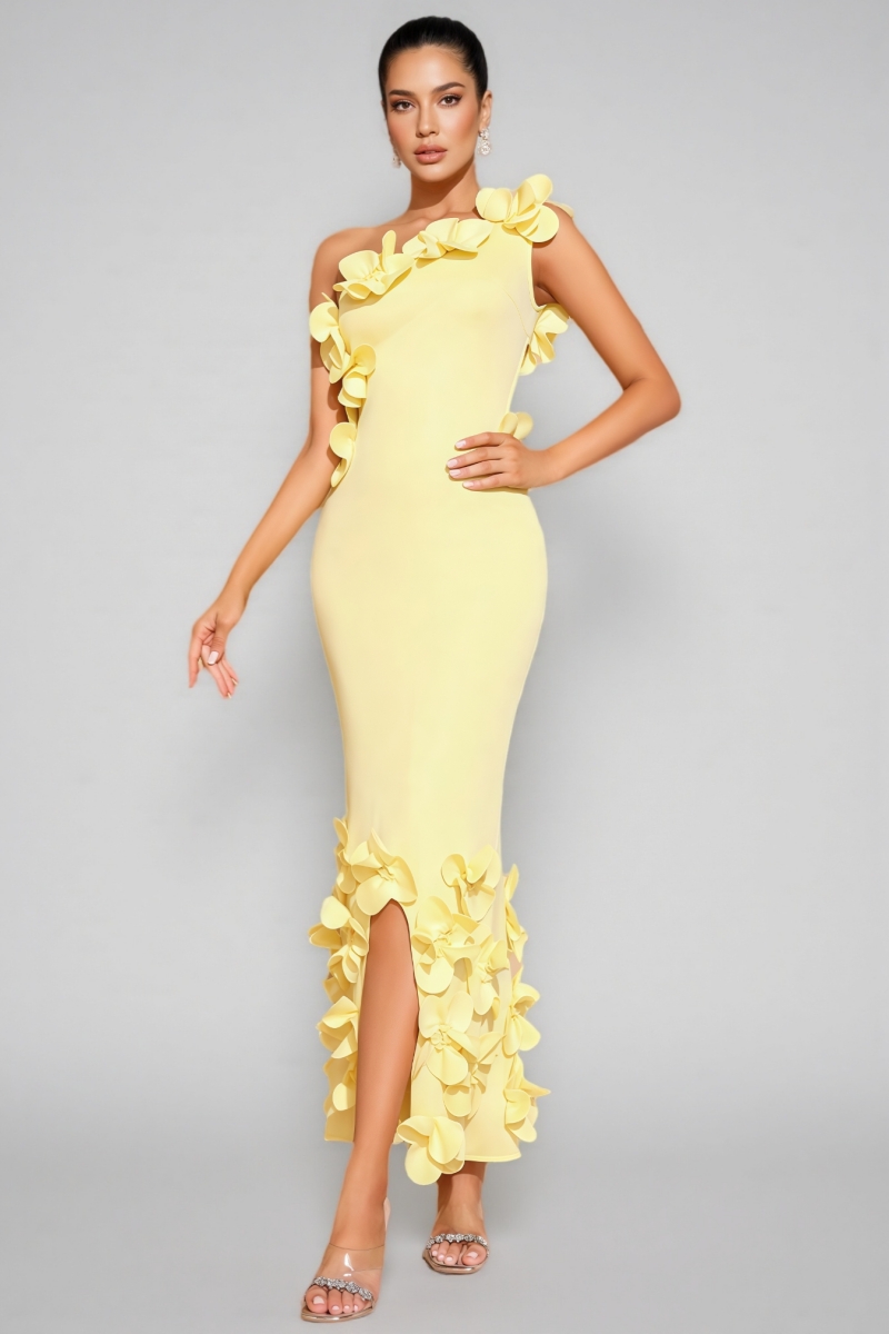 Zalia Yellow One-Shoulder 3D Floral Maxi Dress
