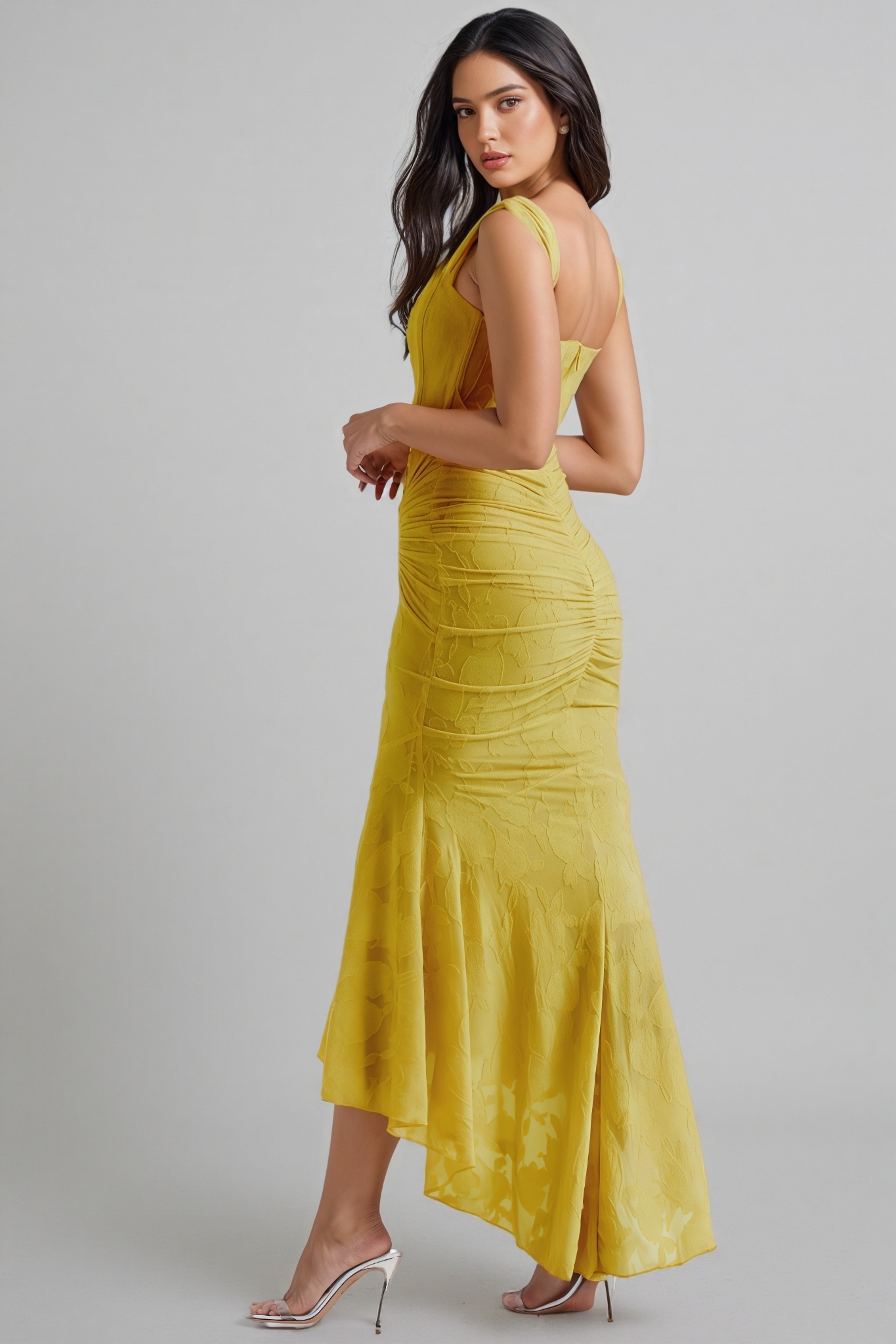 Kit Yellow Ruched Fishtail Maxi Dress