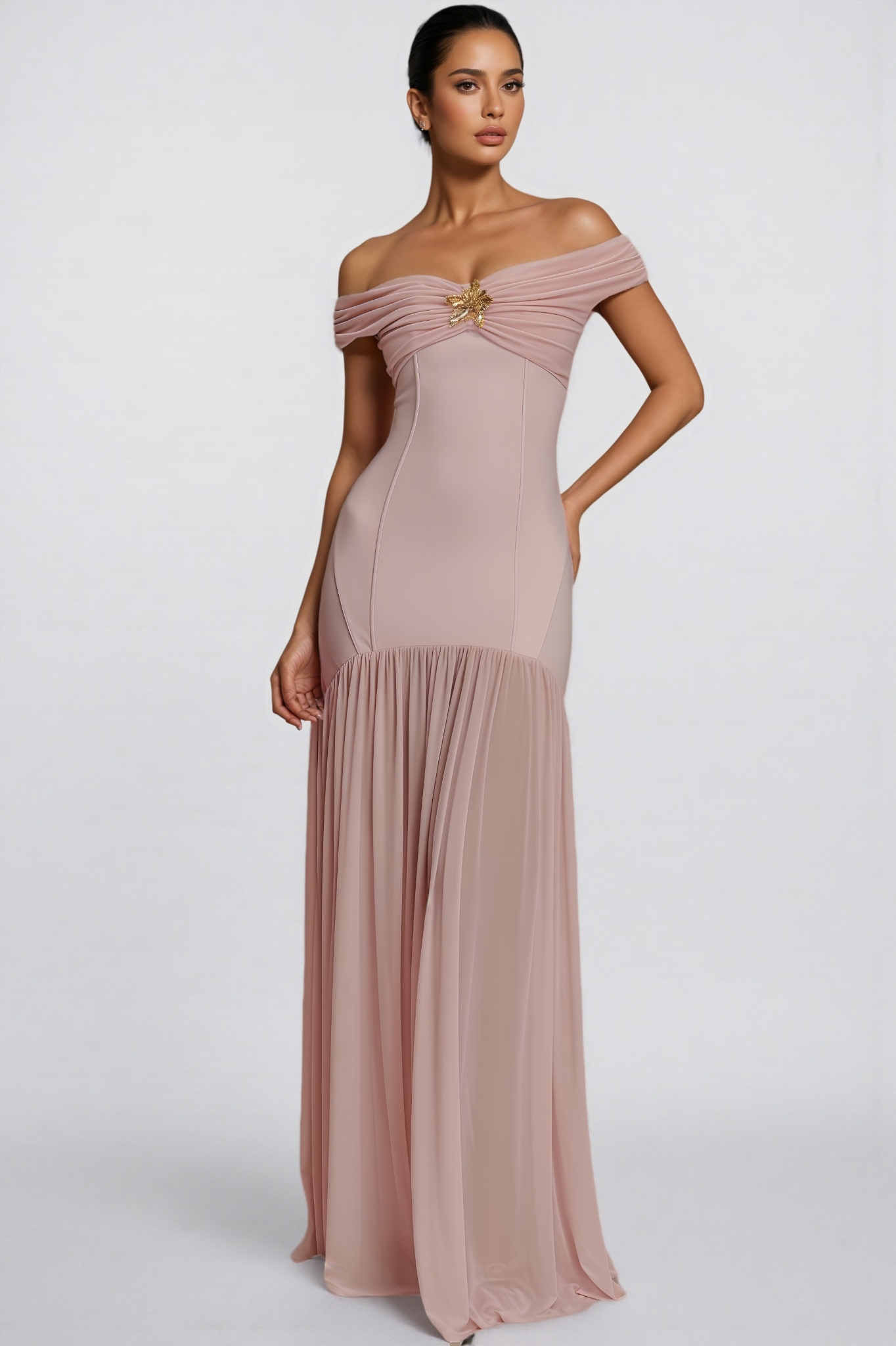 Cionlt Pink Mesh Backless Pleated Maxi Dress