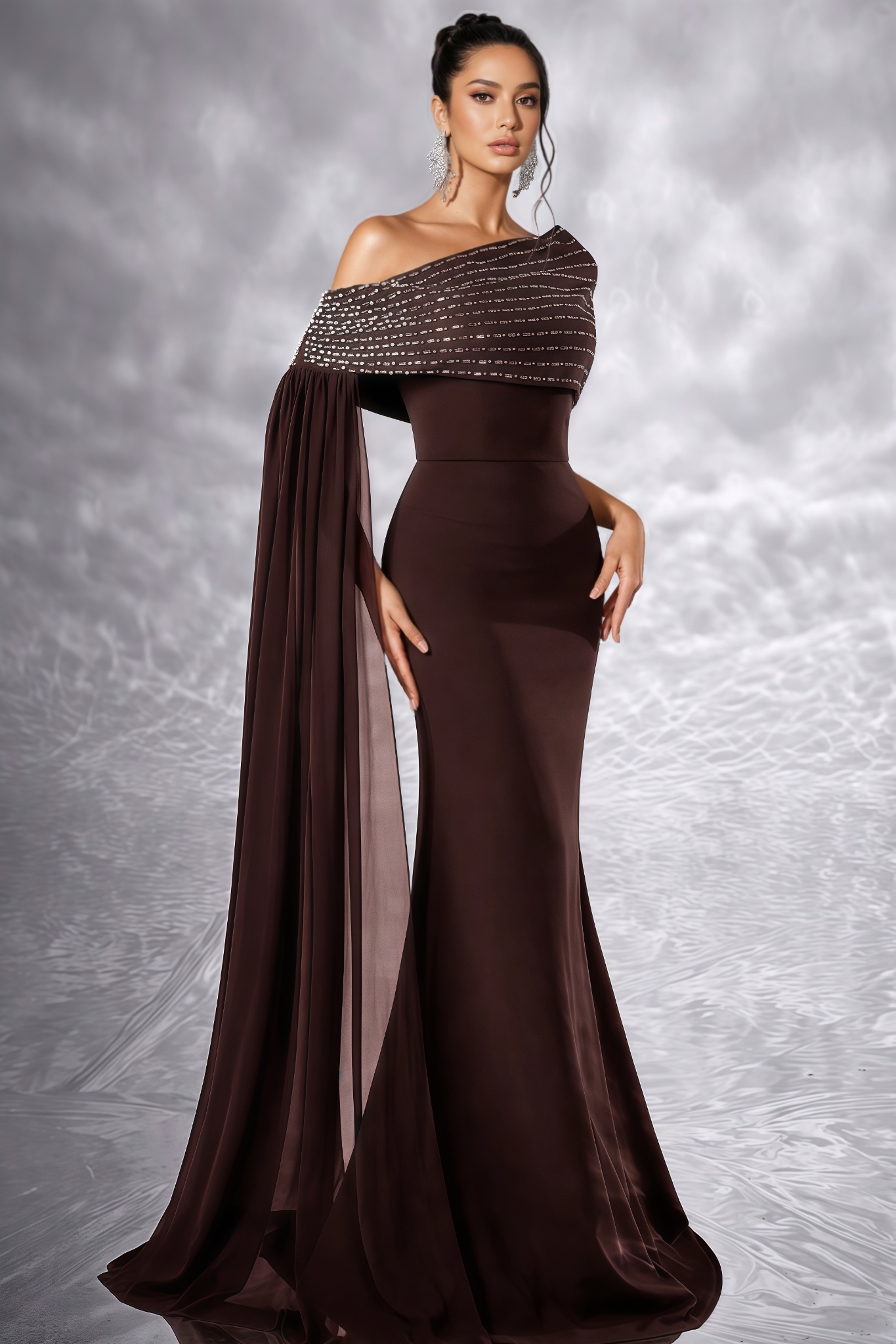 Nerisre Brown Rhinestone Maxi Dress