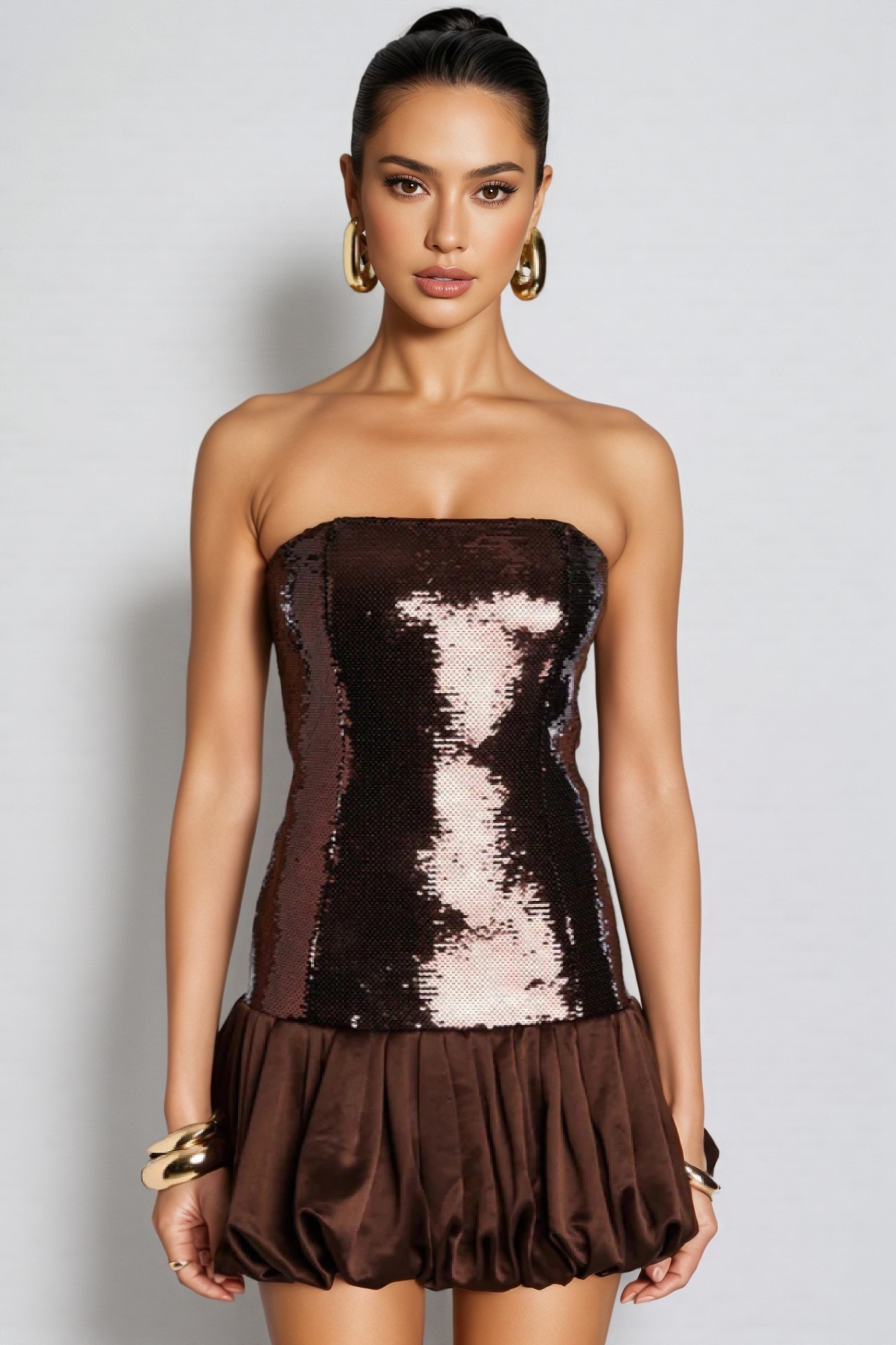 Orianthe Brown Strapless Sequinned Mini Dress
