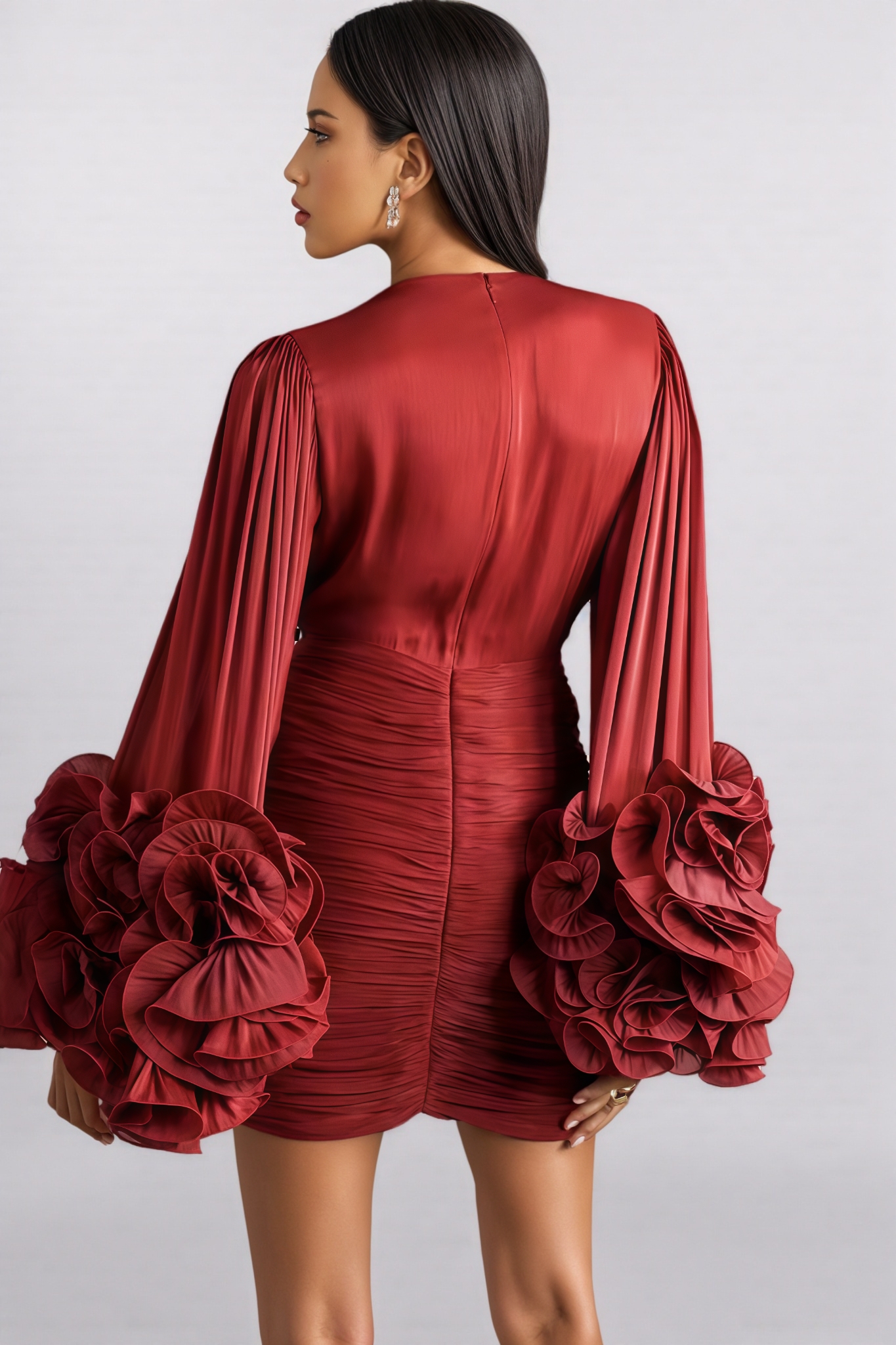 Quenx Red Pleated 3D Floral Mini Dress