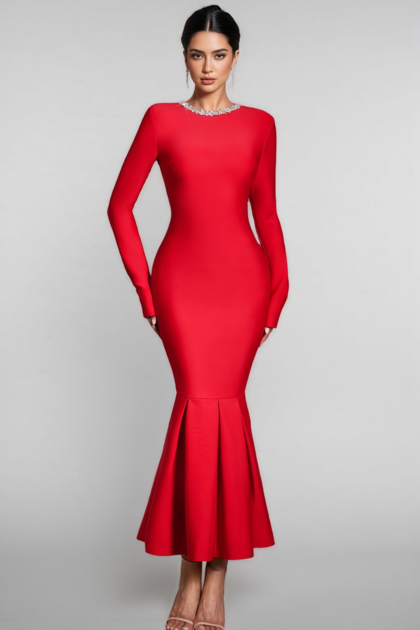 Idony Red Rhinestone Bandage Fishtail Maxi Dress