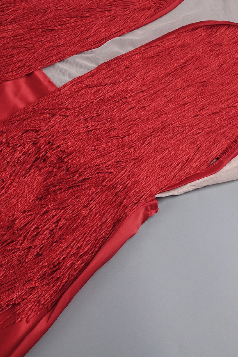 Lupita Red Strapless Fringe Maxi Dress