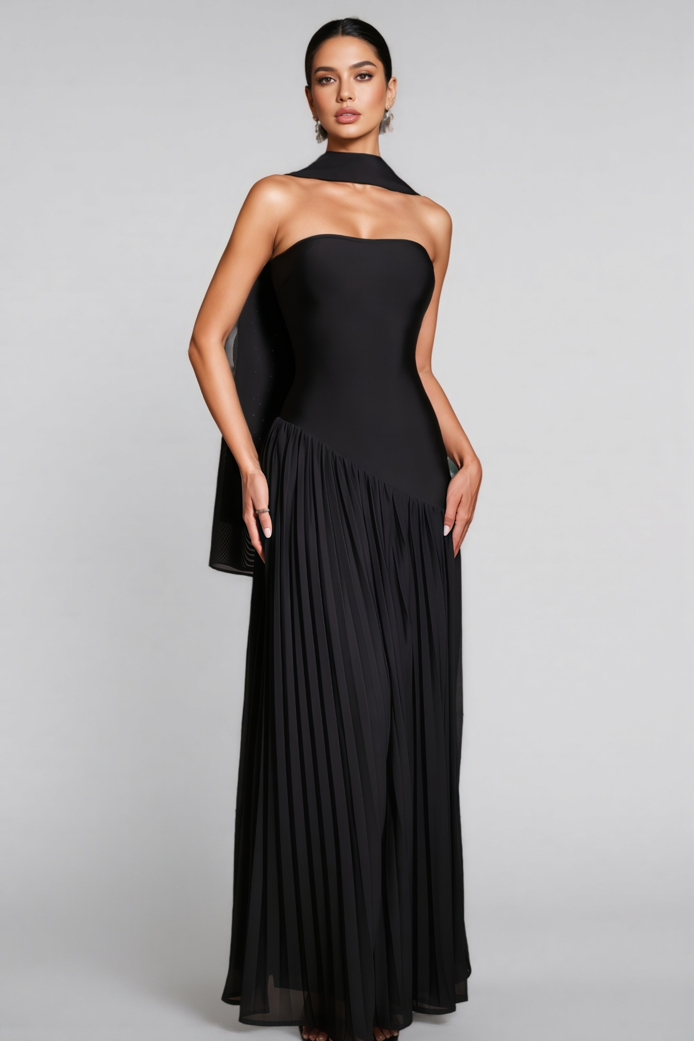 Birtin Strapless Mesh Pleated Maxi Dress