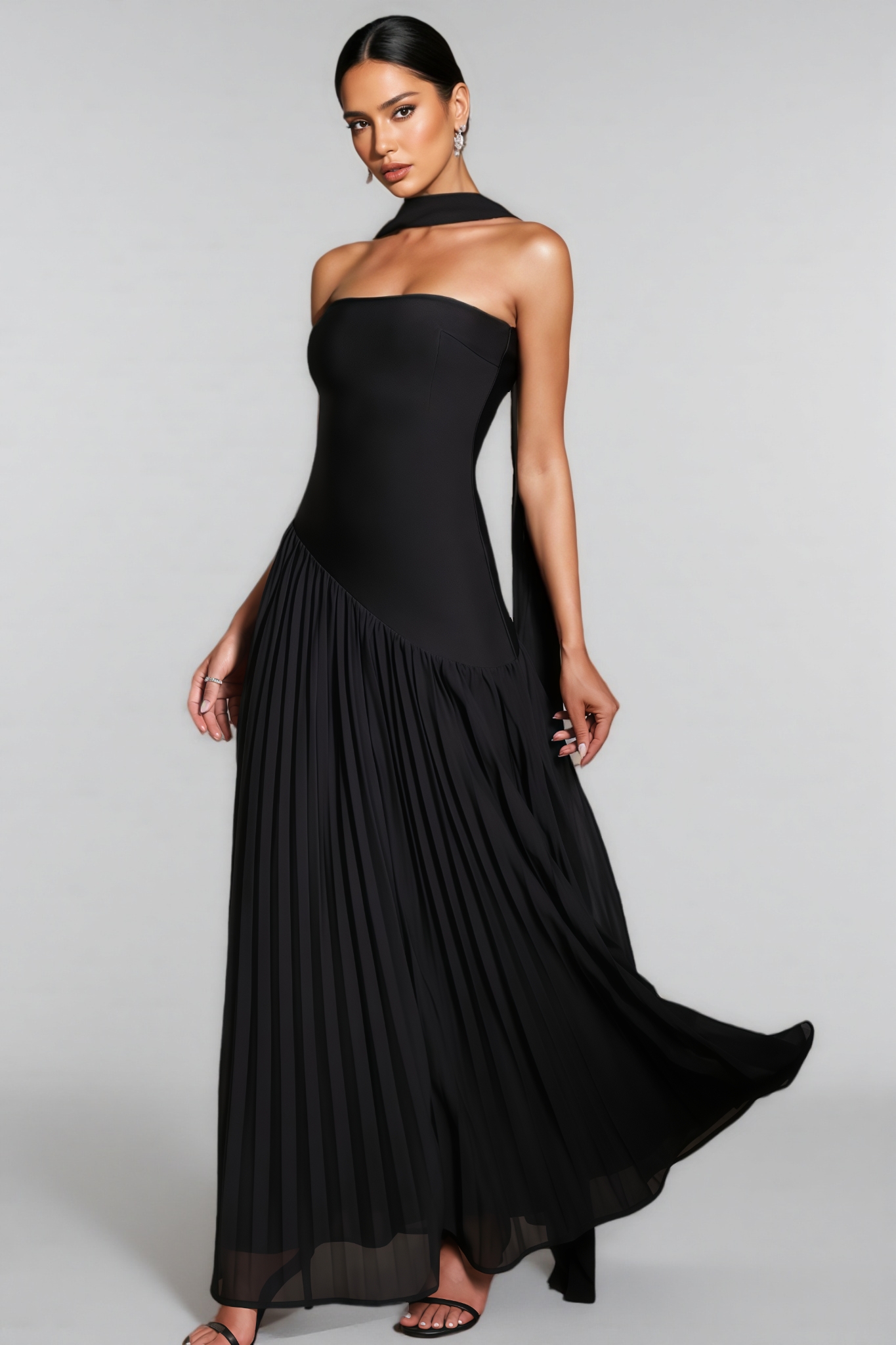 Birtin Strapless Mesh Pleated Maxi Dress