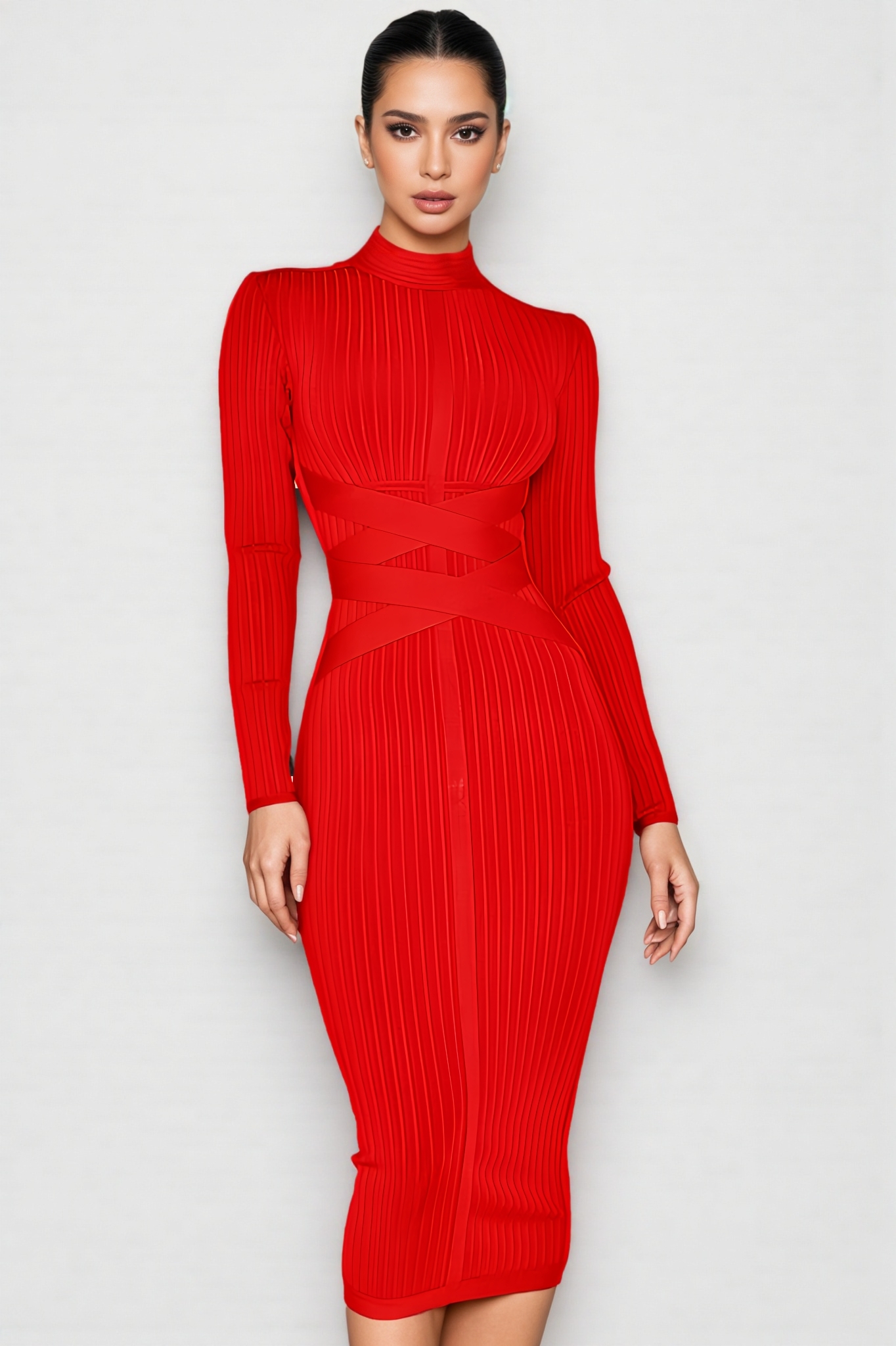 Layra Solid Colour Stand Collar Midi Dress-Red