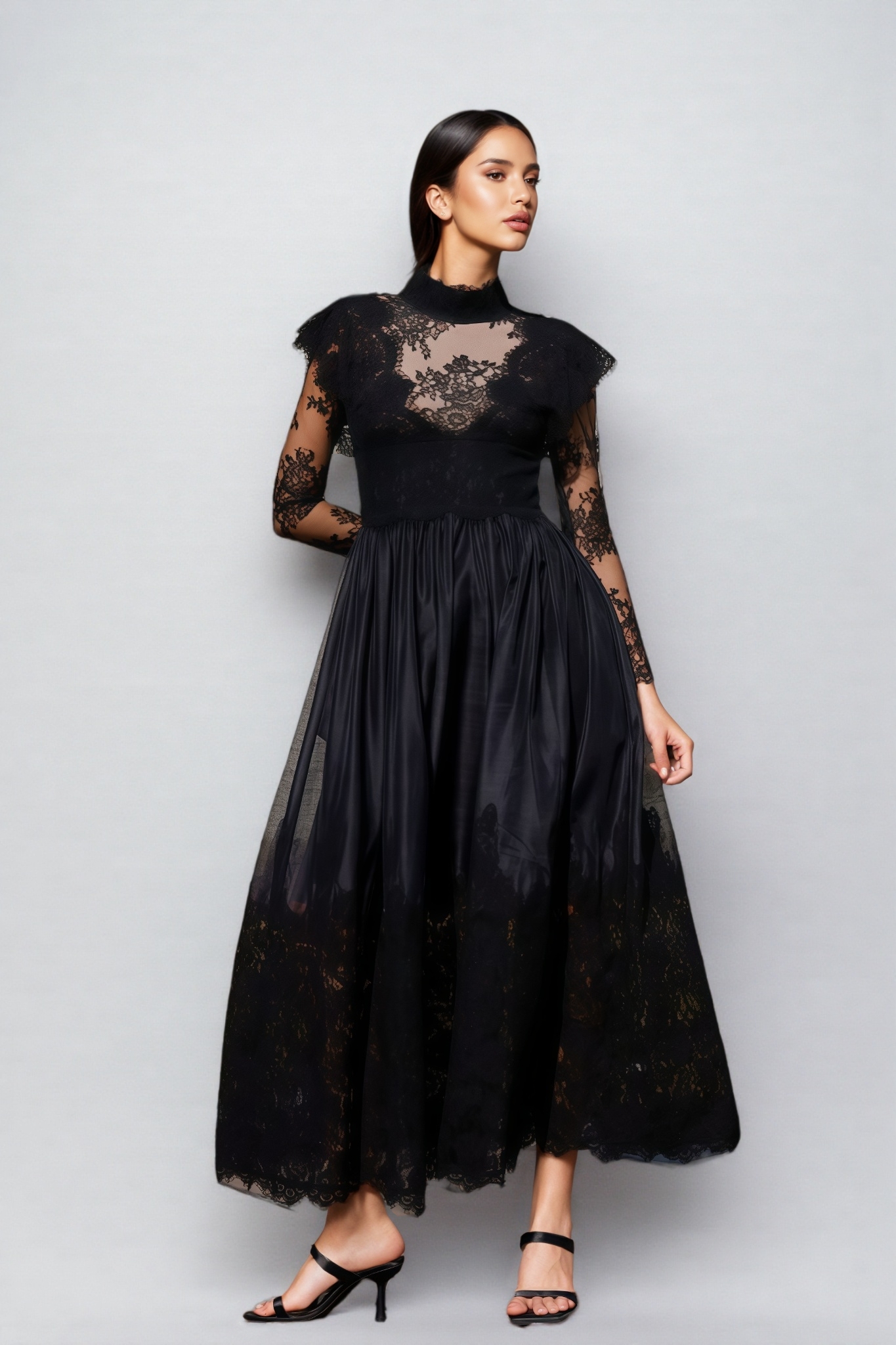 Milda Black Floral Lace Stitching Maxi Dress