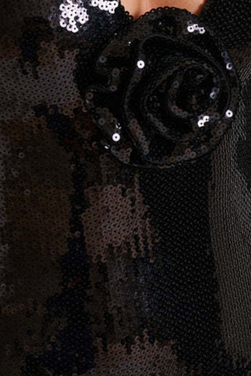 Fynnet Black Backless 3D Floral Slit Maxi Dress