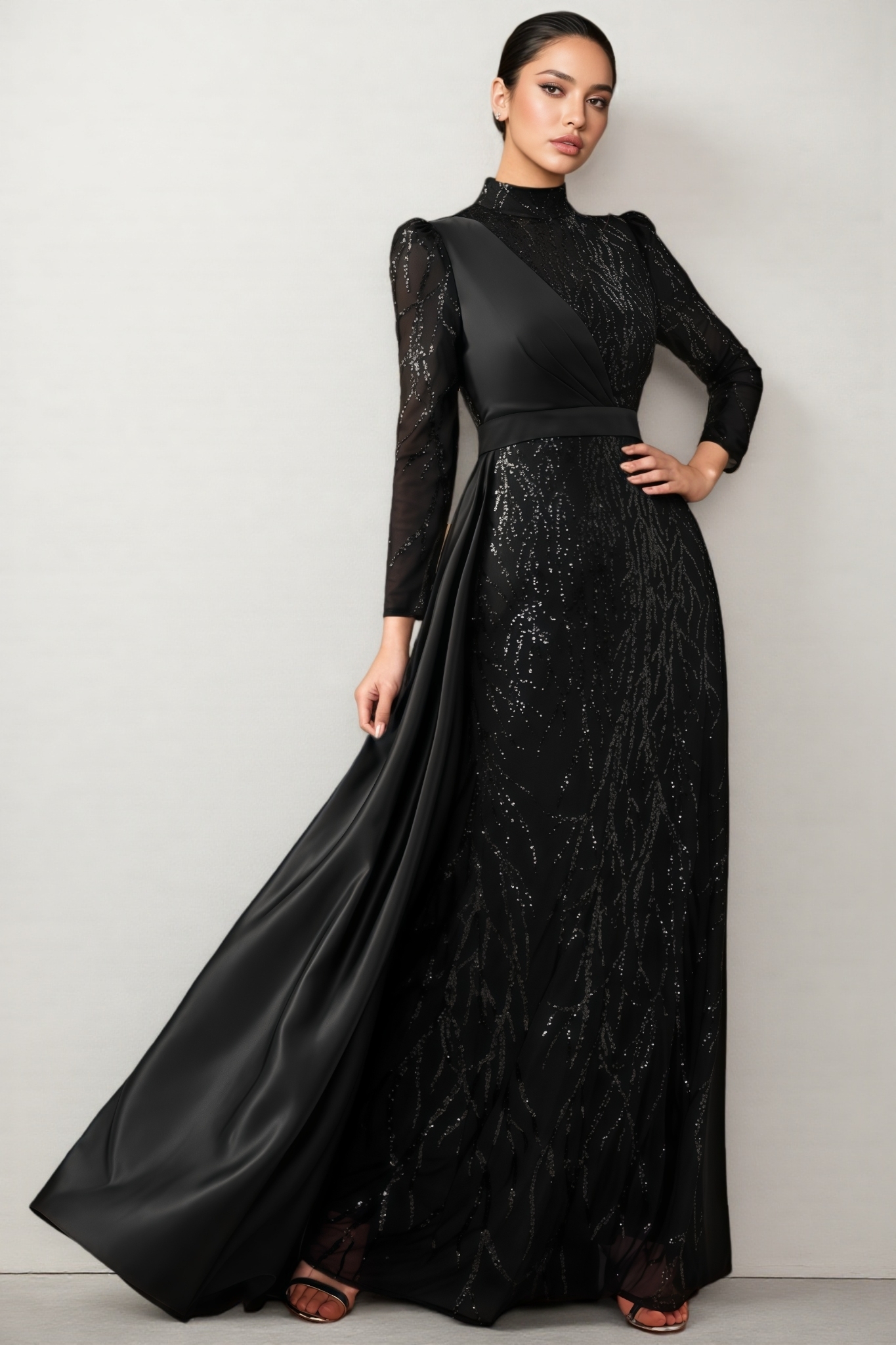 Moto Sequin Satin Long-sleeved Cape Gown