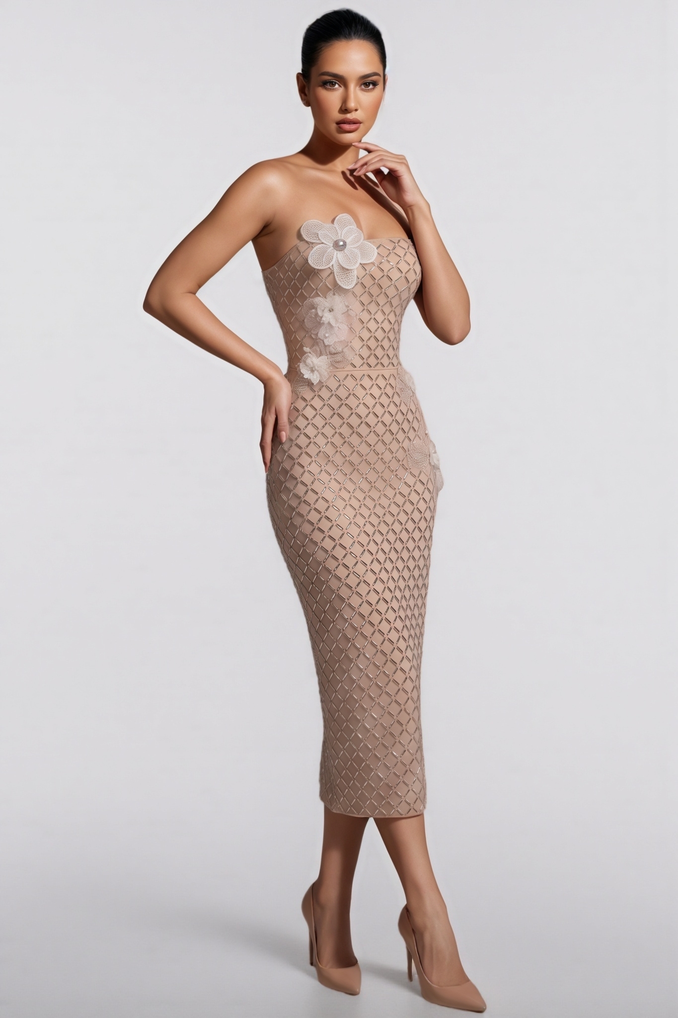 Havinia Beige Rhinestone 3D Floral Midi Dress