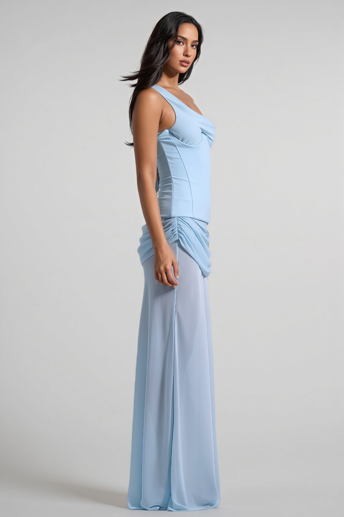Lzada Blue Off Shoulder Waist Cinched Maxi Dress
