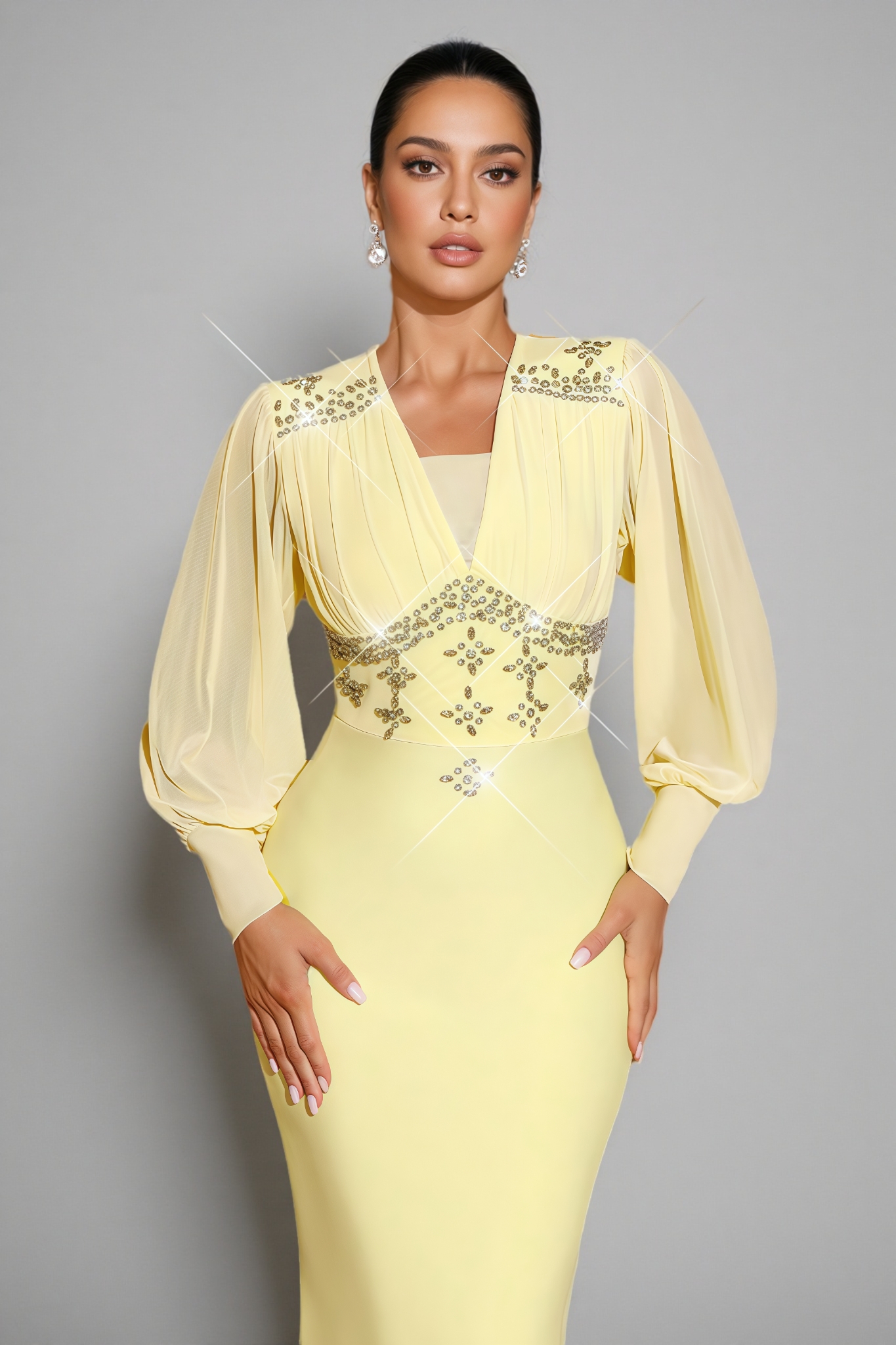 Euopa Yellow Rhinestone Maxi Dress