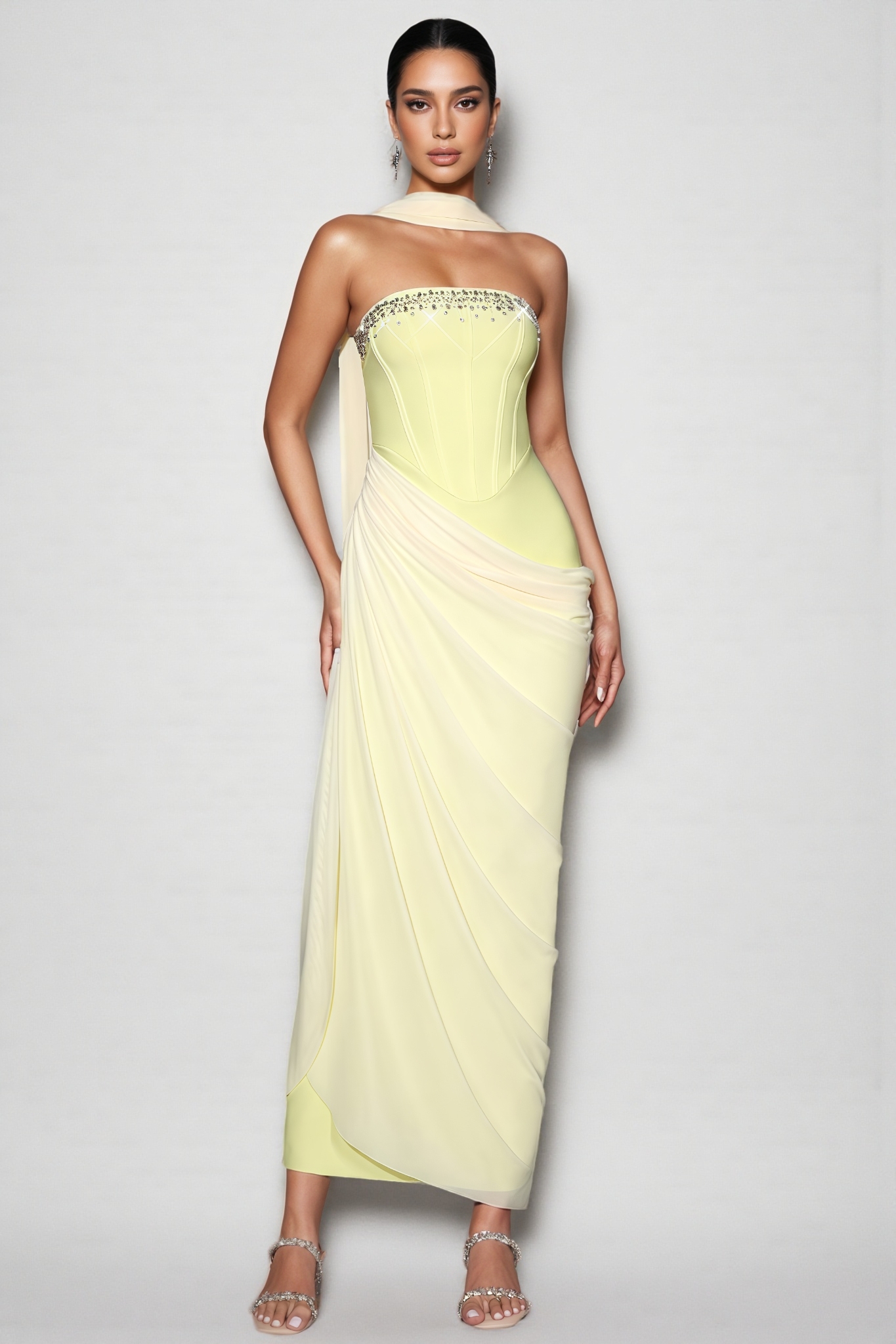 Nessa Strapless Rhinestone Draped Bandage Maxi Dress