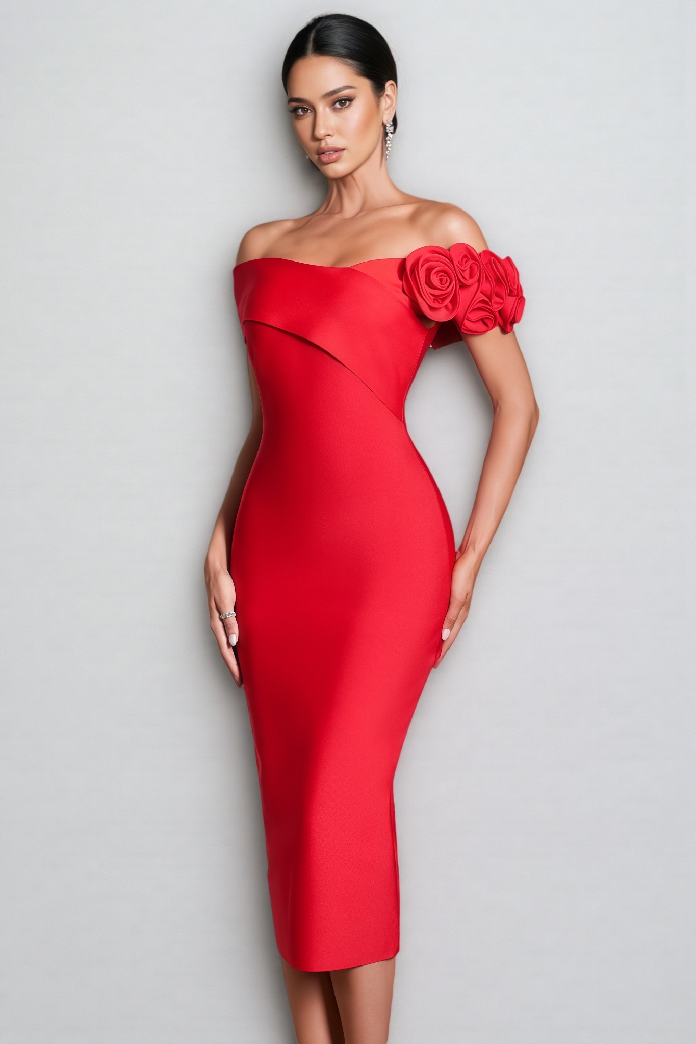 Lorelei Red 3D Floral Bandage Midi Dress