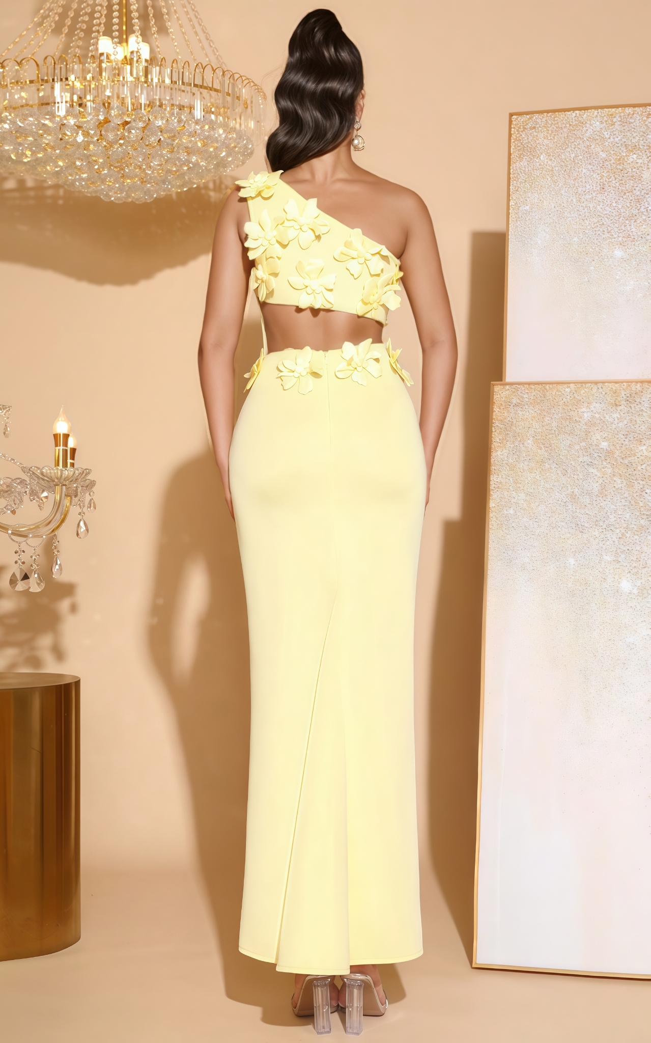 Abryn Yellow One Shoulder 3D Floral Maxi Dress