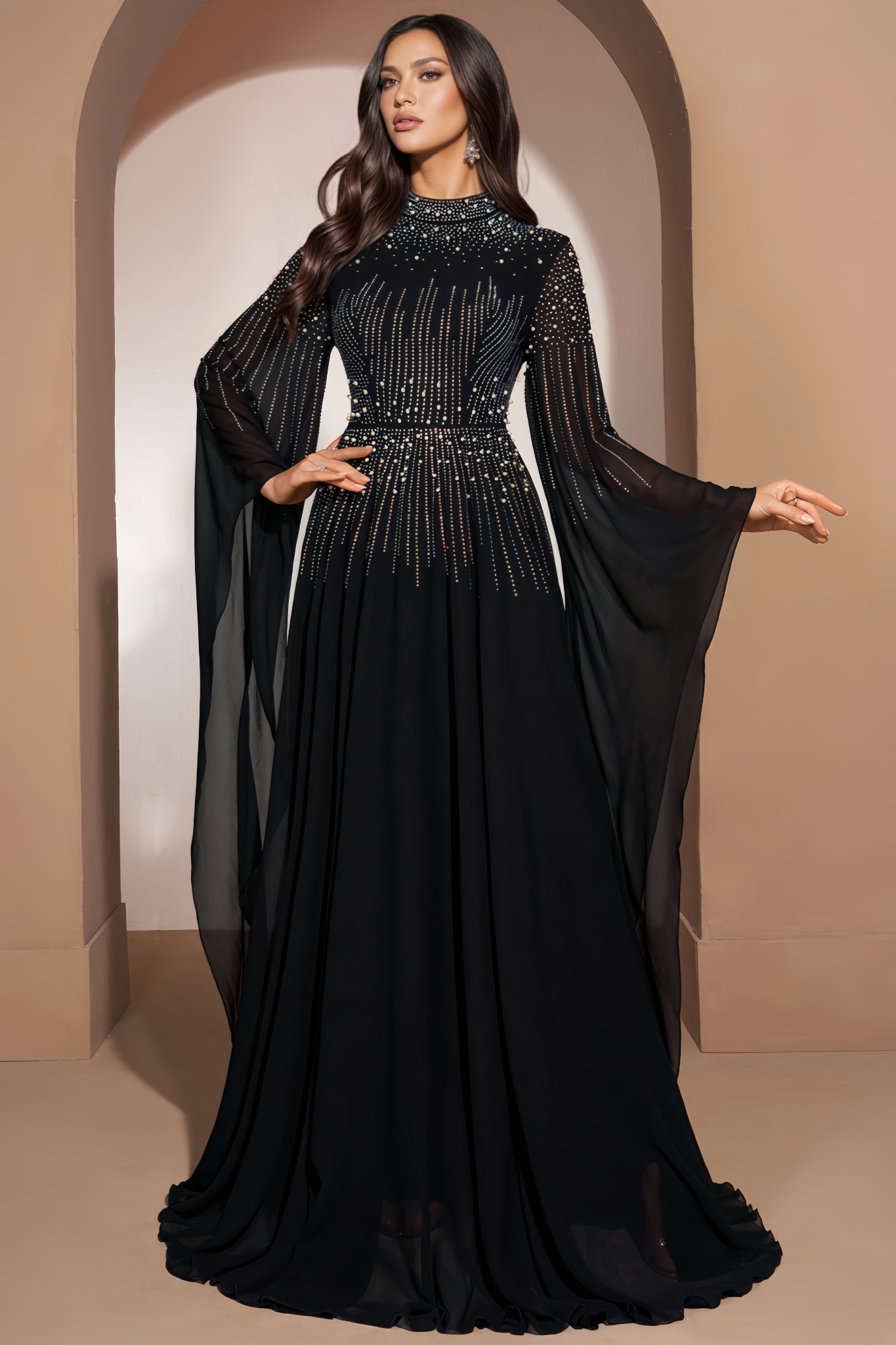 Lleur Black Long Sleeve Rhinestone Maxi Dress